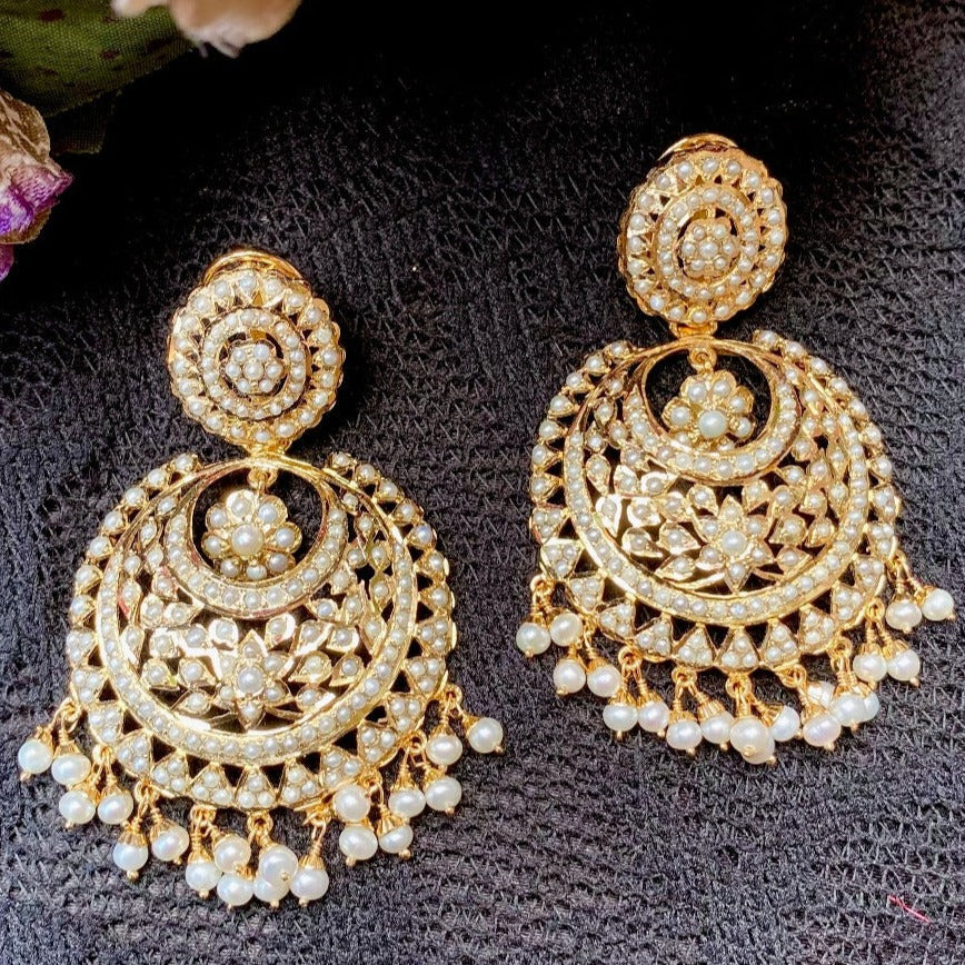 big gold plated pearl chandbali earrings