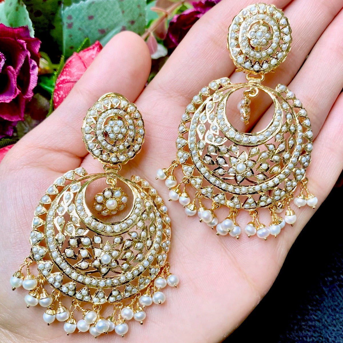 big gold plated pearl chandbali earrings