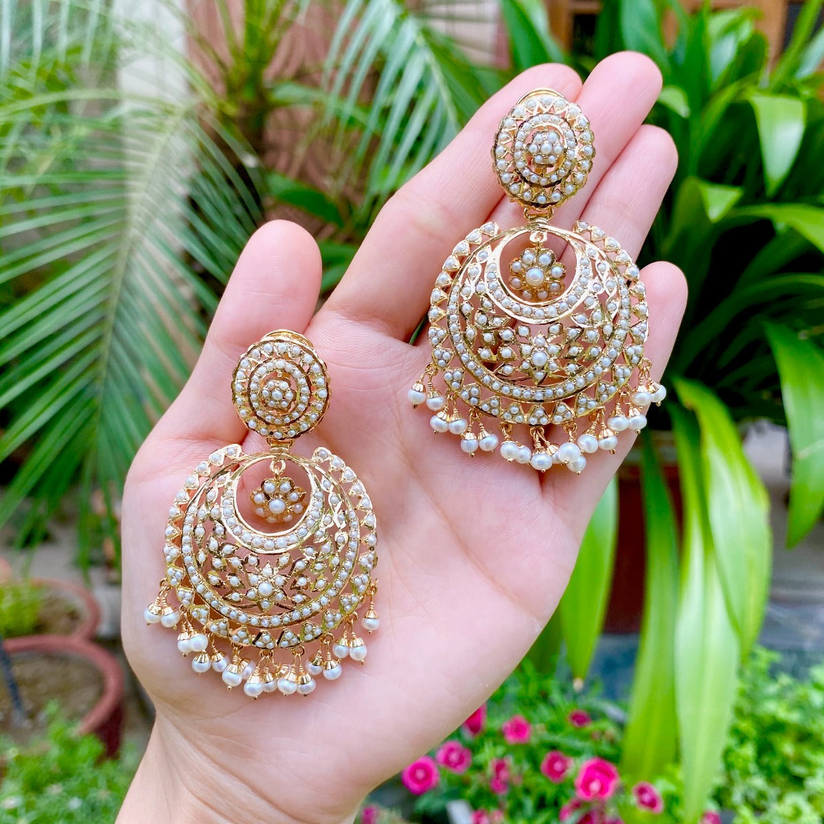 big gold plated pearl chandbali earrings