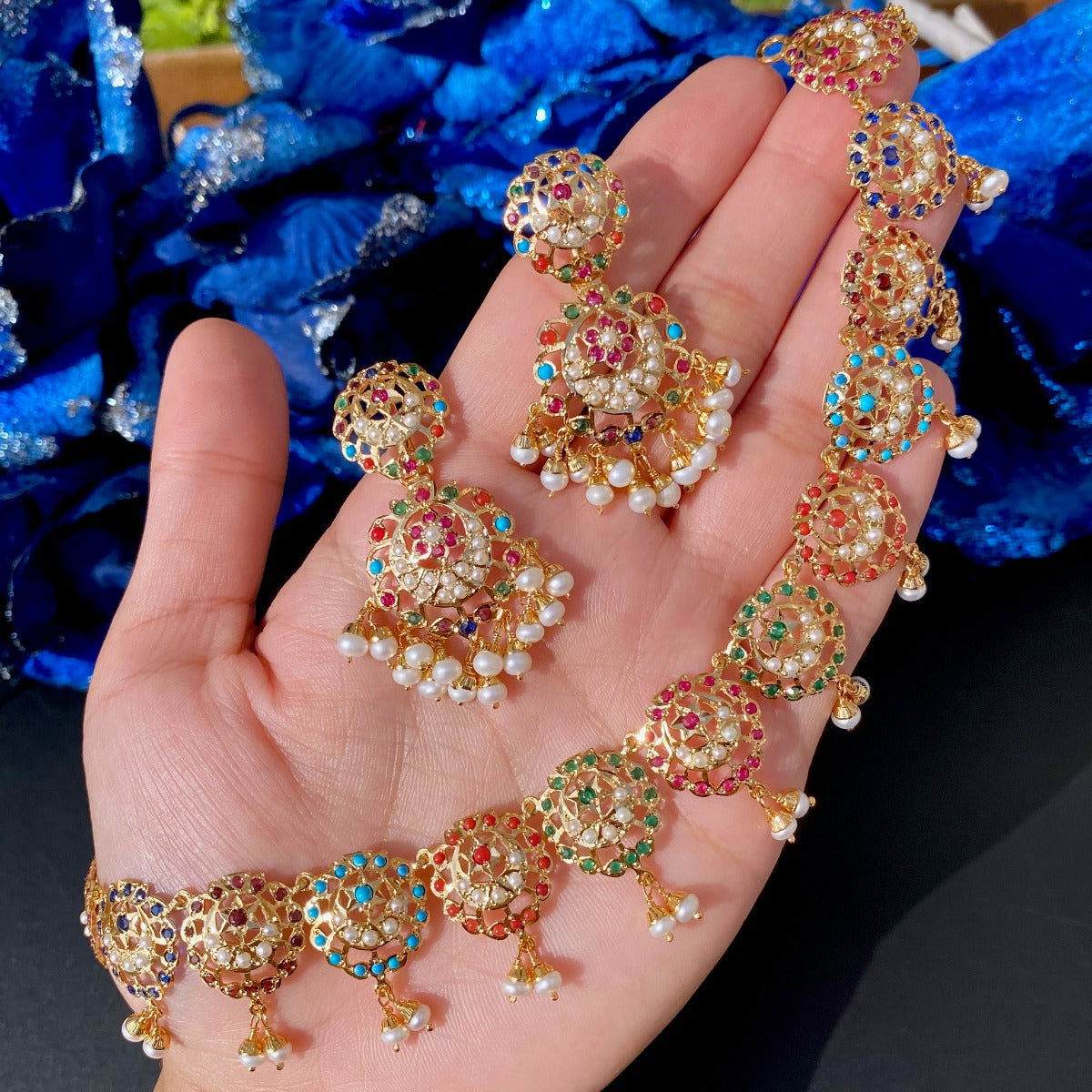 delicate Navaratna necklace sets gold plated