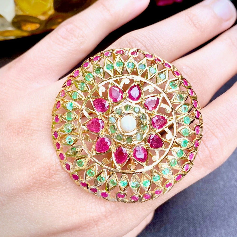 indian gold cocktail ring ruby emerald