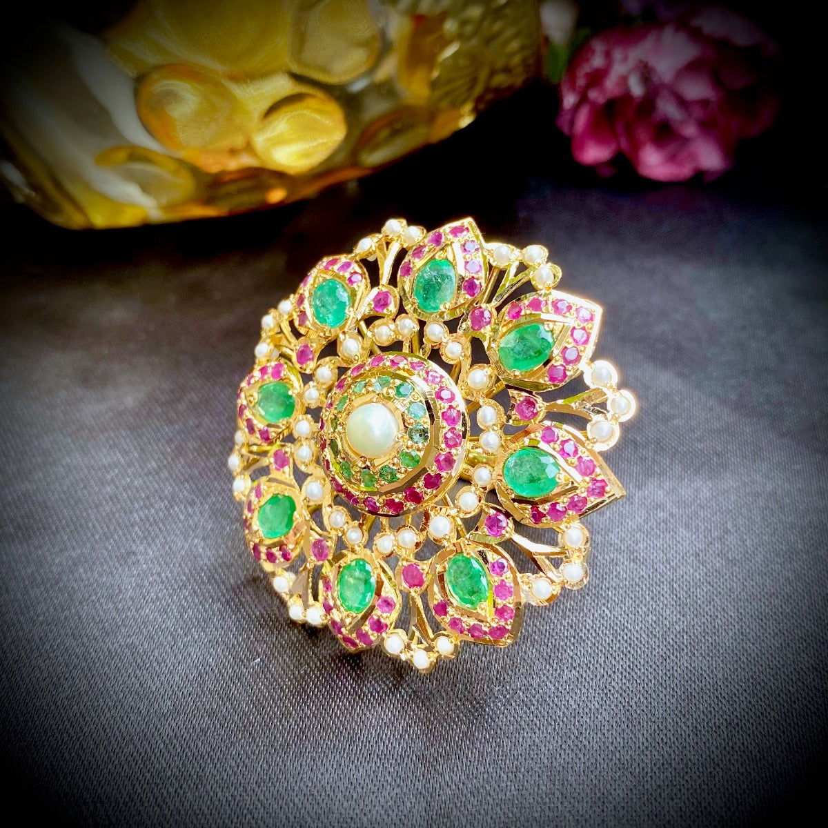 ruby emerald indian gold cocktail ring