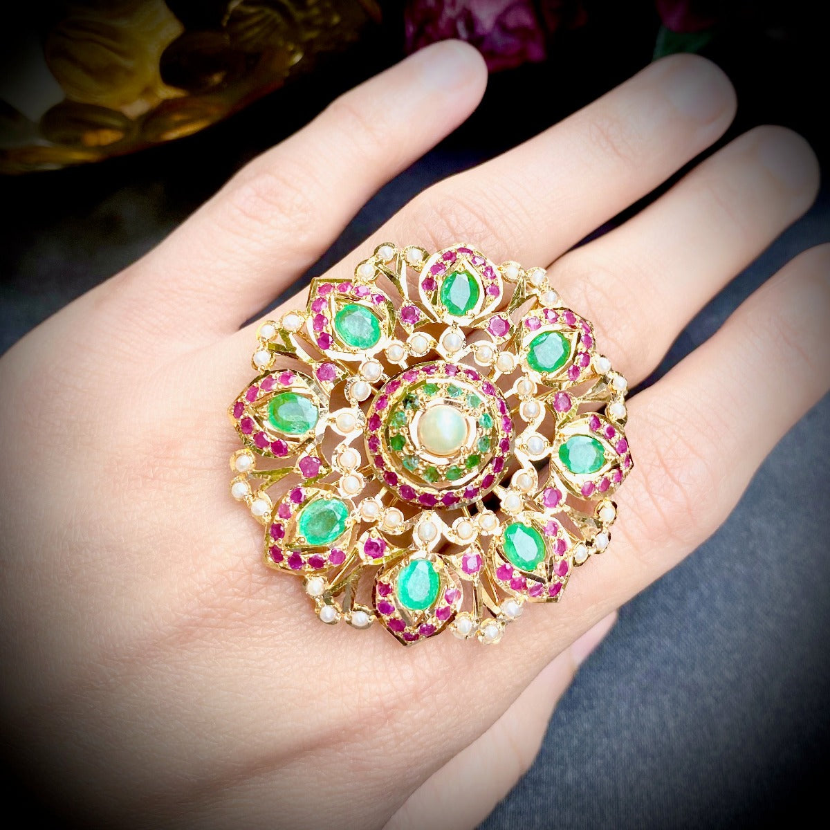 ruby emerald indian gold cocktail ring