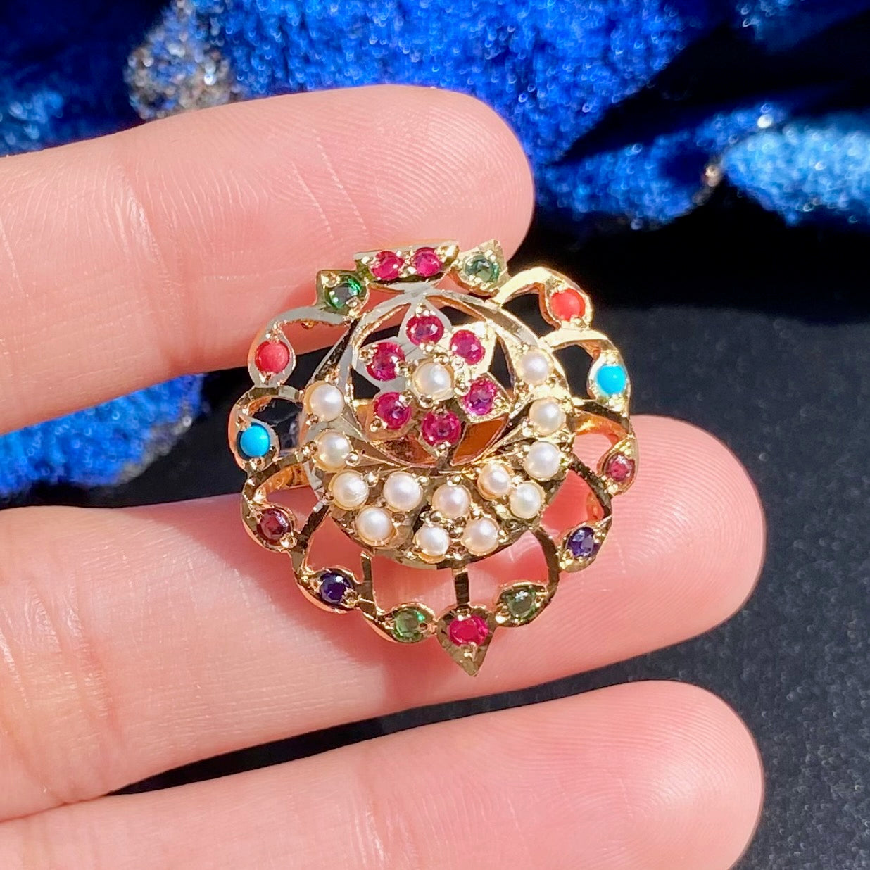 Premium Gold Plated Jadau Ladies Ring | Sterling Silver Base LR 111