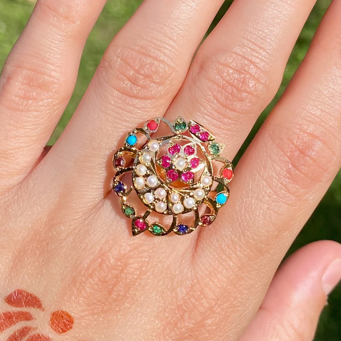 Premium Gold Plated Jadau Ladies Ring | Sterling Silver Base LR 111