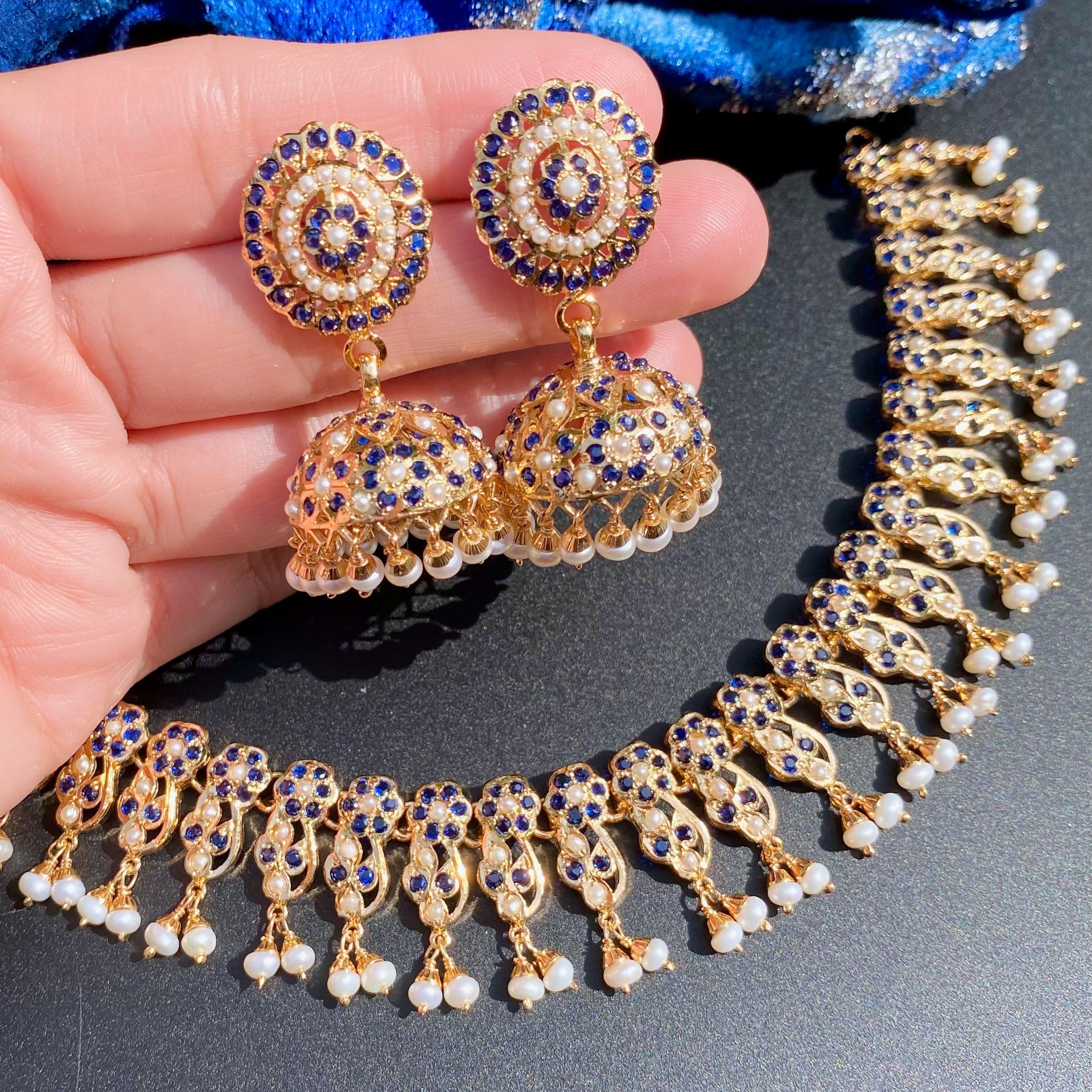 Classy Jadau Necklace Paired with Jhumkas | Gold Plated on Silver NS 437