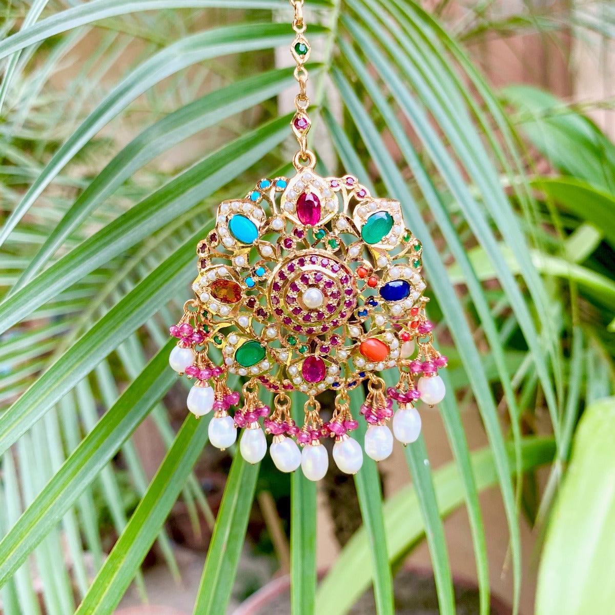 pakistani navrattan jadau tikka on silver with gold plating