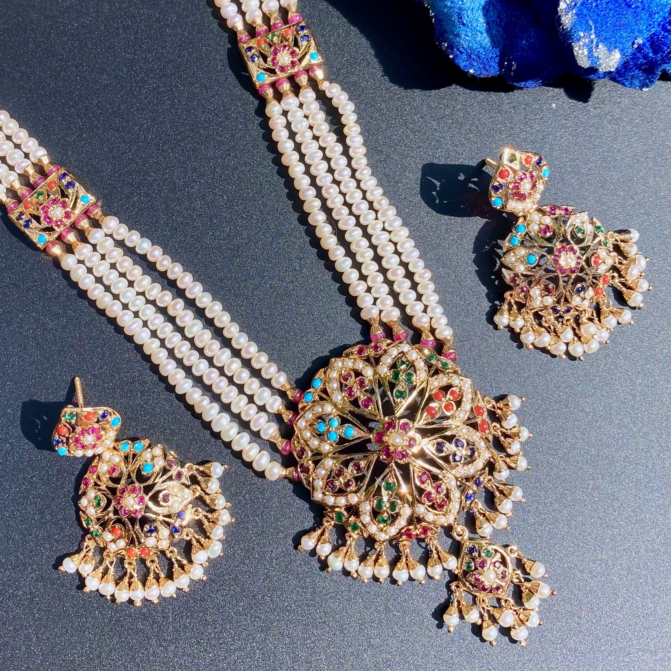Navratana Rani Haar Set | Gold Plated on Silver | Authentic Freshwater Pearls NS 438