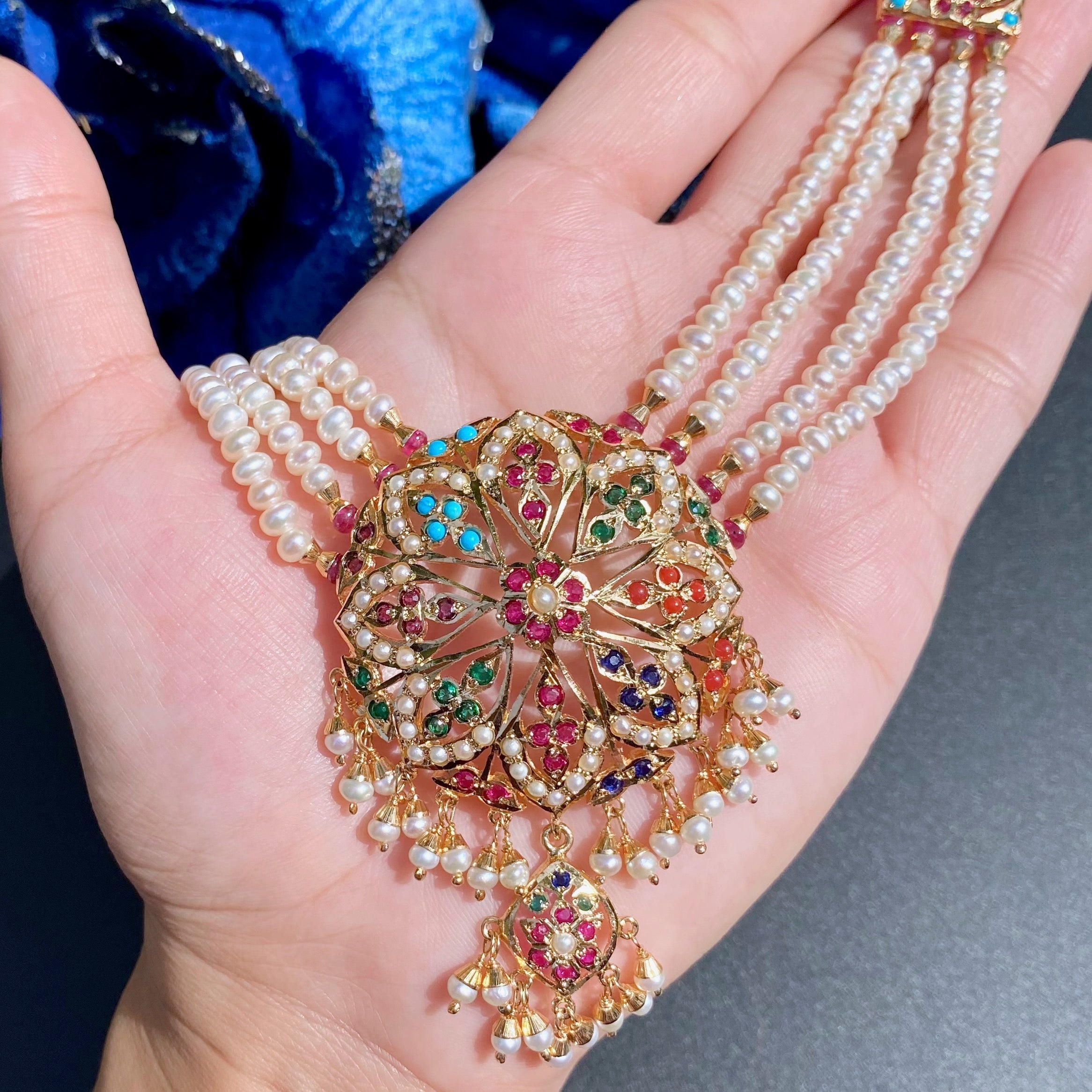 Navratana Rani Haar Set | Gold Plated on Silver | Authentic Freshwater Pearls NS 438