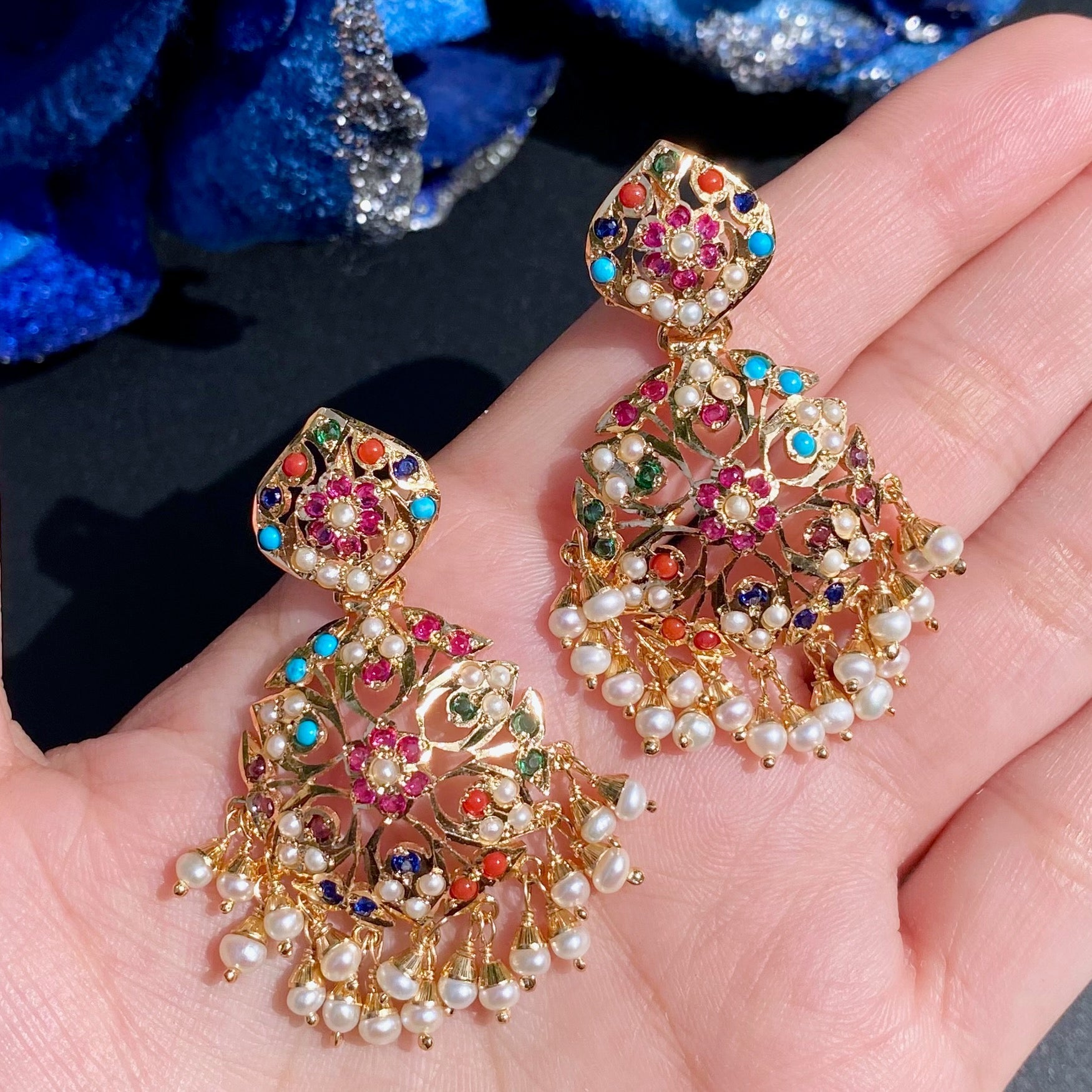 Navratana Rani Haar Set | Gold Plated on Silver | Authentic Freshwater Pearls NS 438