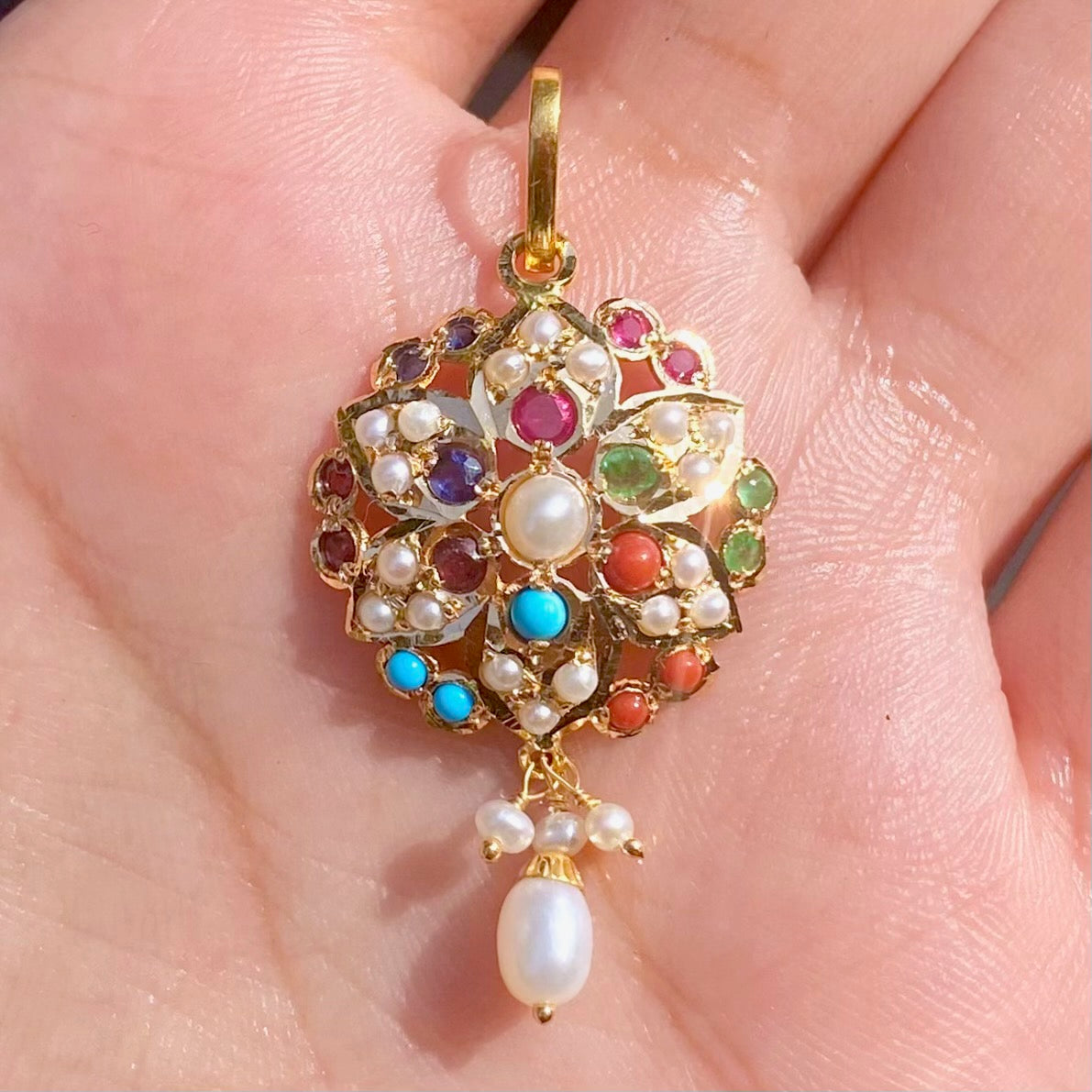 round navratna pendant only in 22k gold studded with precious stones gp 9