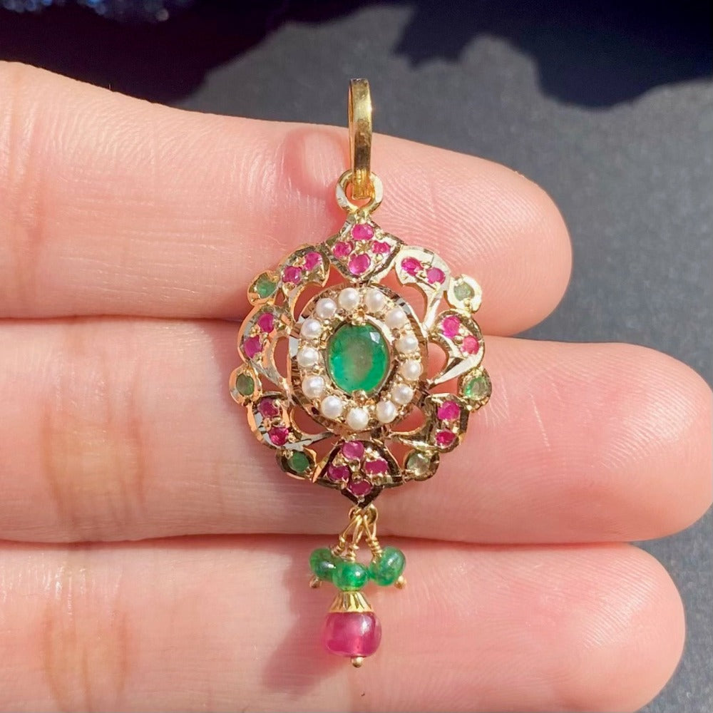 delicate pendant only in 22k gold studded with rubies emeralds and pearls gp 004