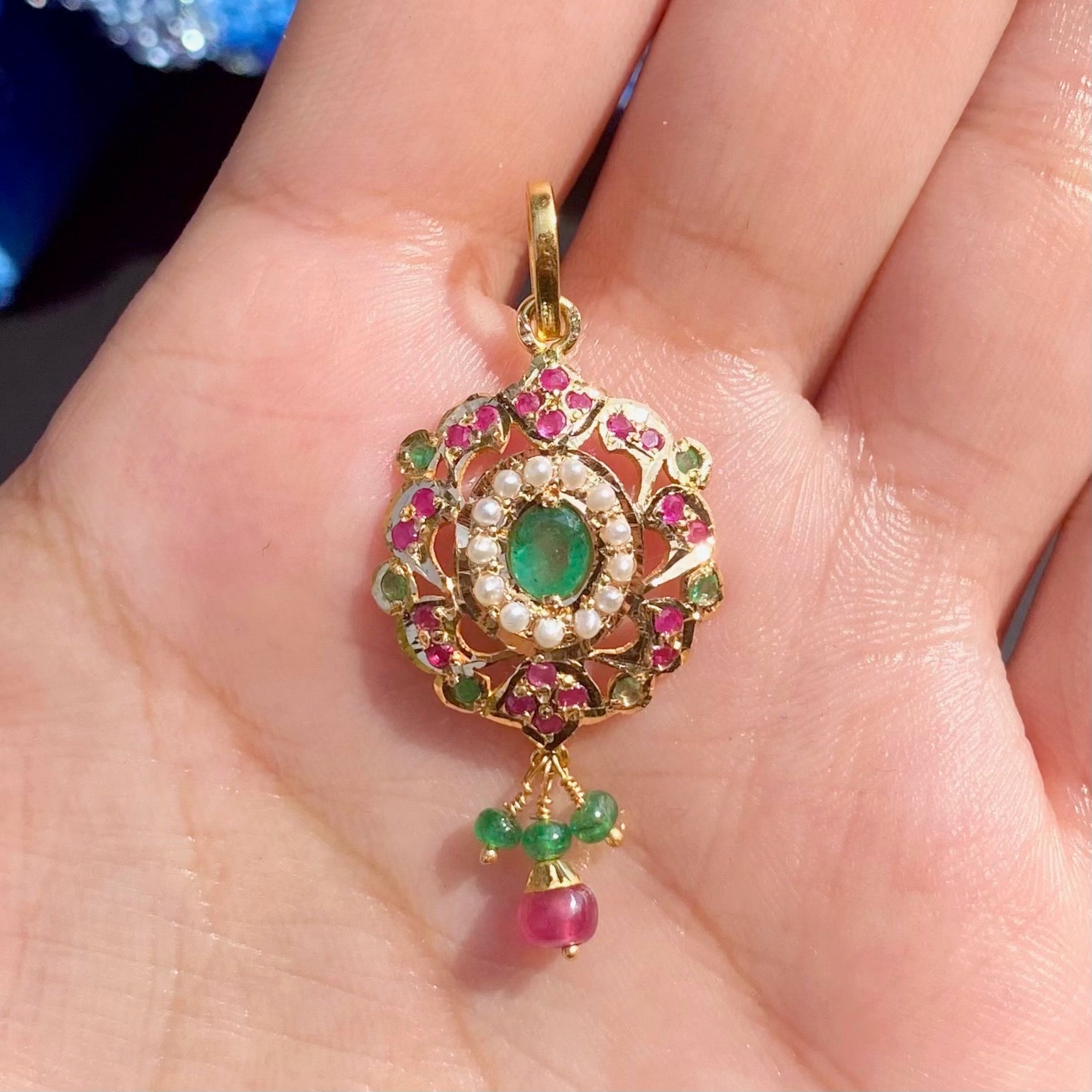 delicate pendant only in 22k gold studded with rubies emeralds and pearls gp 004