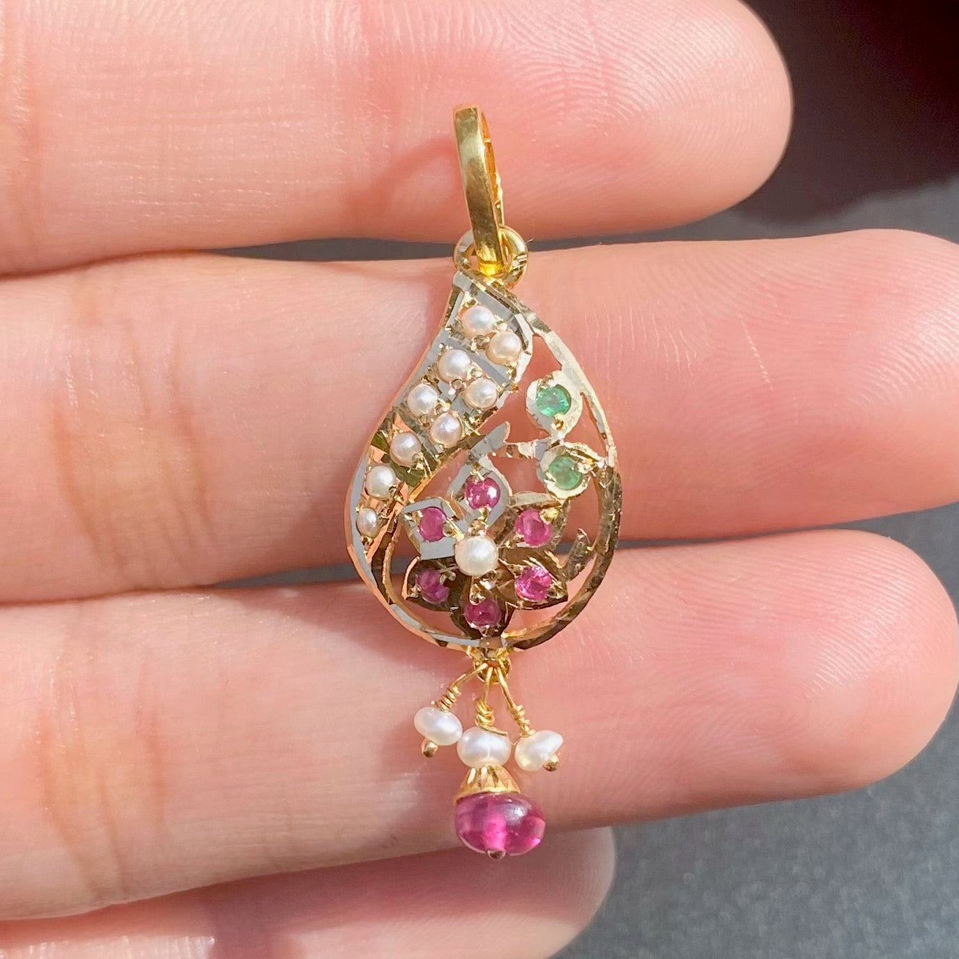 delicate ruby pearl pendant only in 22k gold studded with precious stones gp 008