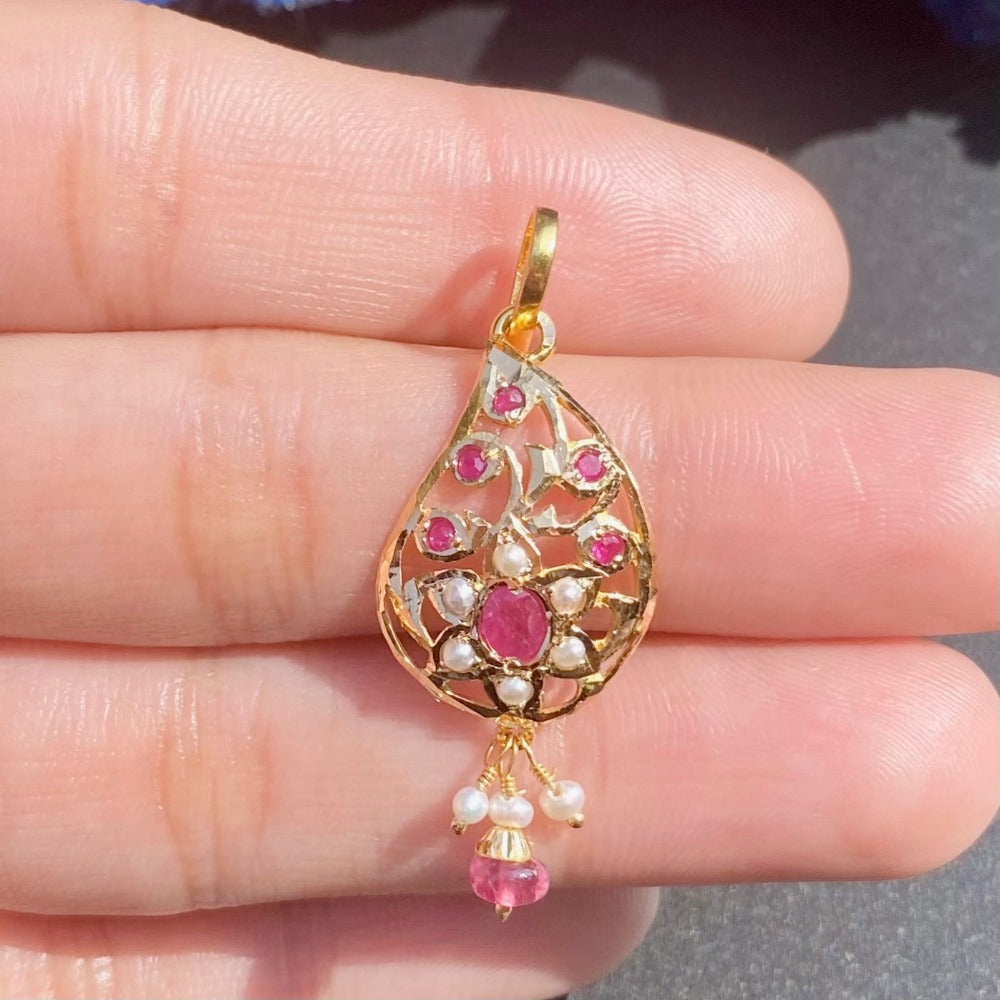 delicate ruby pearl pendant only in 22k gold studded with precious stones gp 006