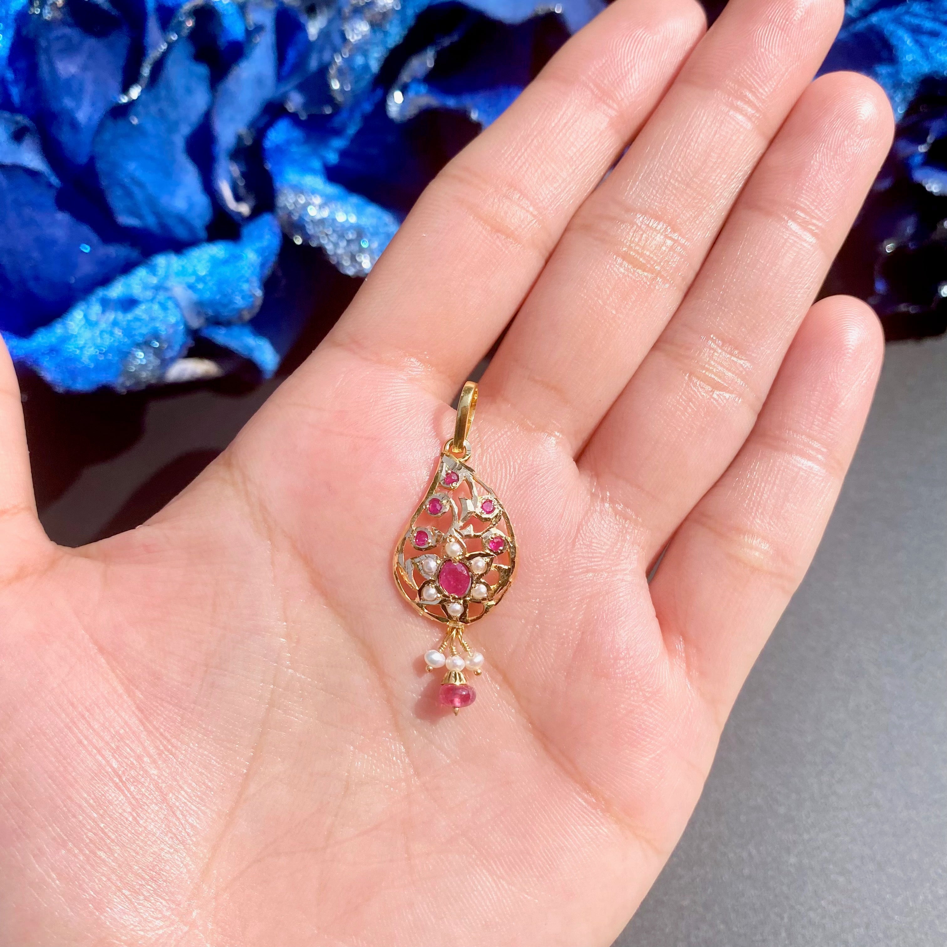 delicate ruby pearl pendant only in 22k gold studded with precious stones gp 006