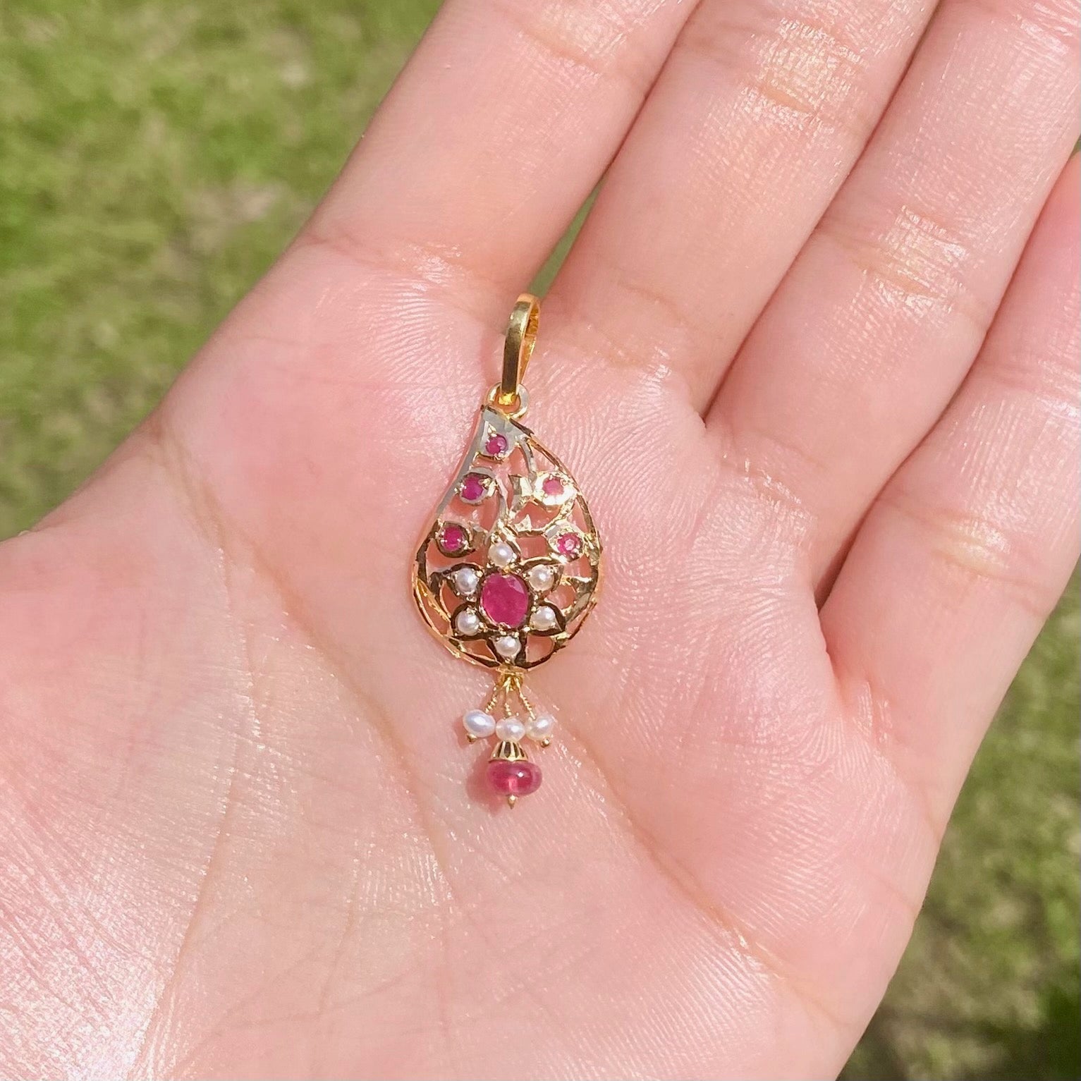 delicate ruby pearl pendant only in 22k gold studded with precious stones gp 006