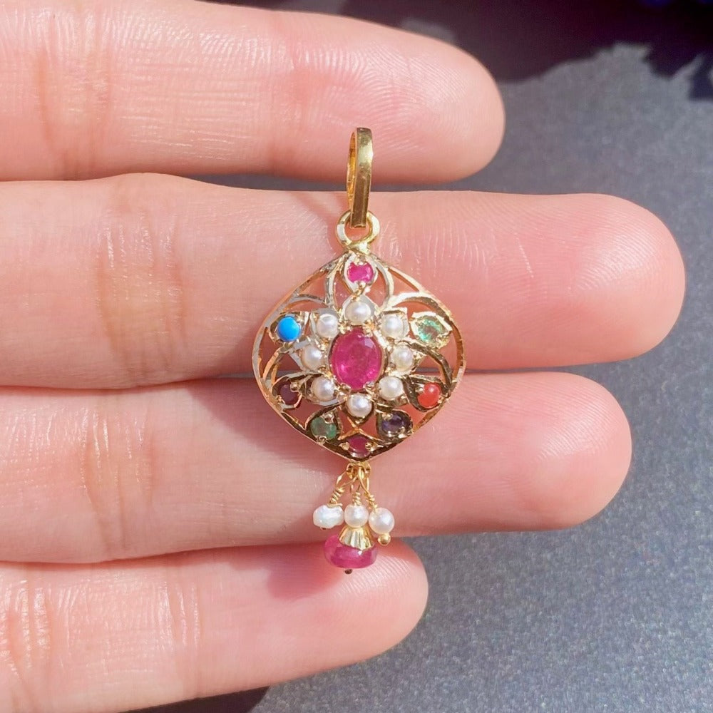 delicate navratna pendant in 22k gold studded with precious stones gp 005