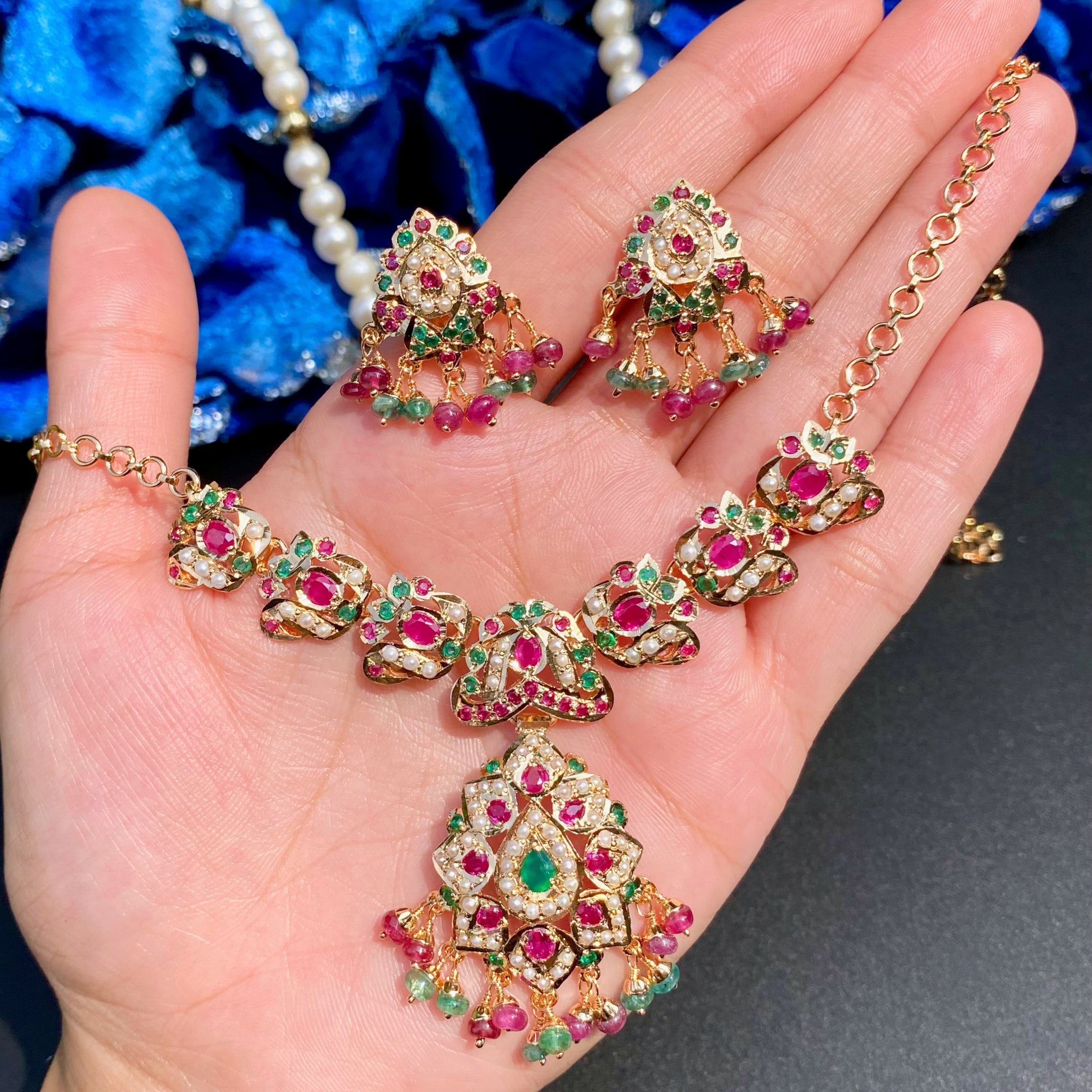 ruby emerald chain necklace set