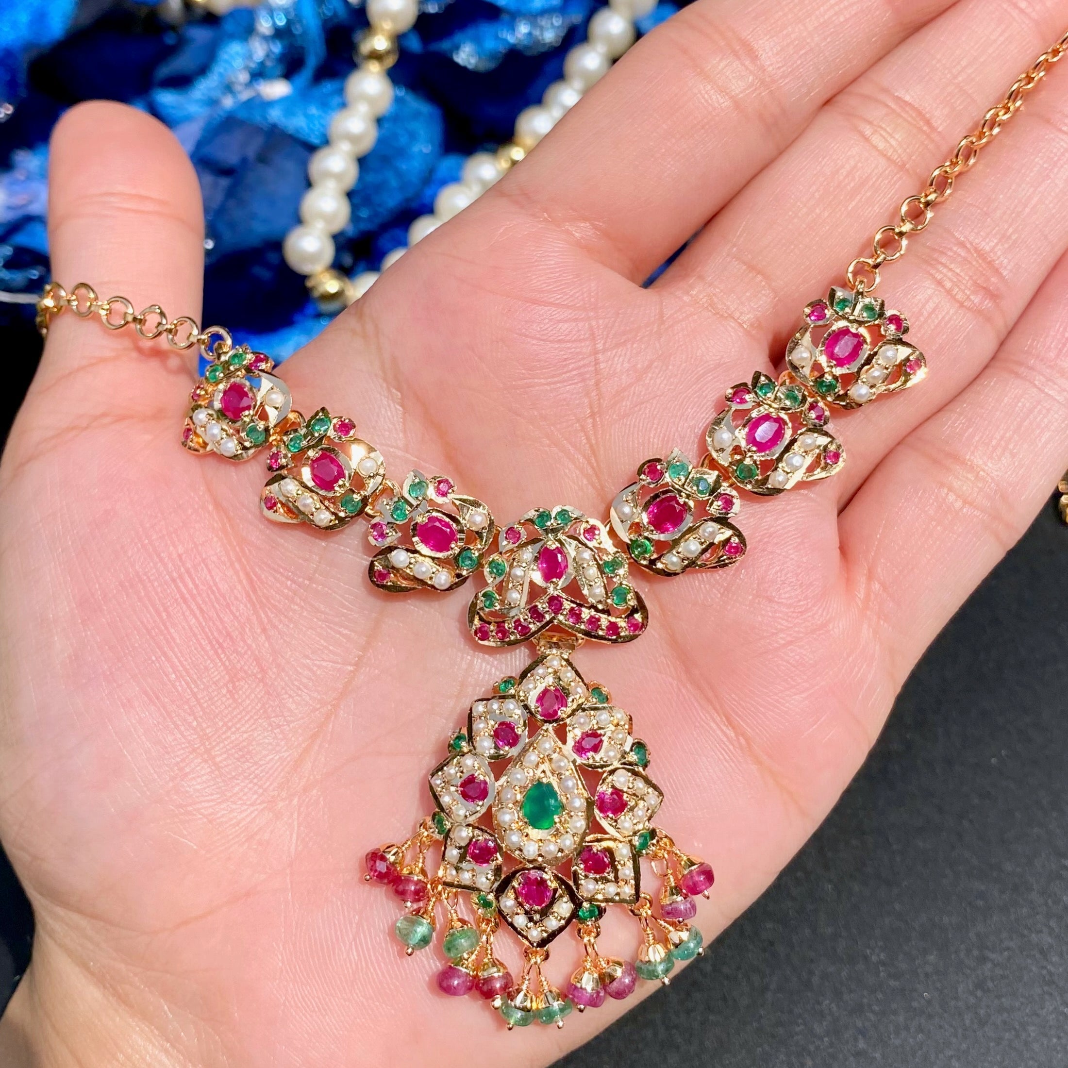 ruby emerald chain necklace set