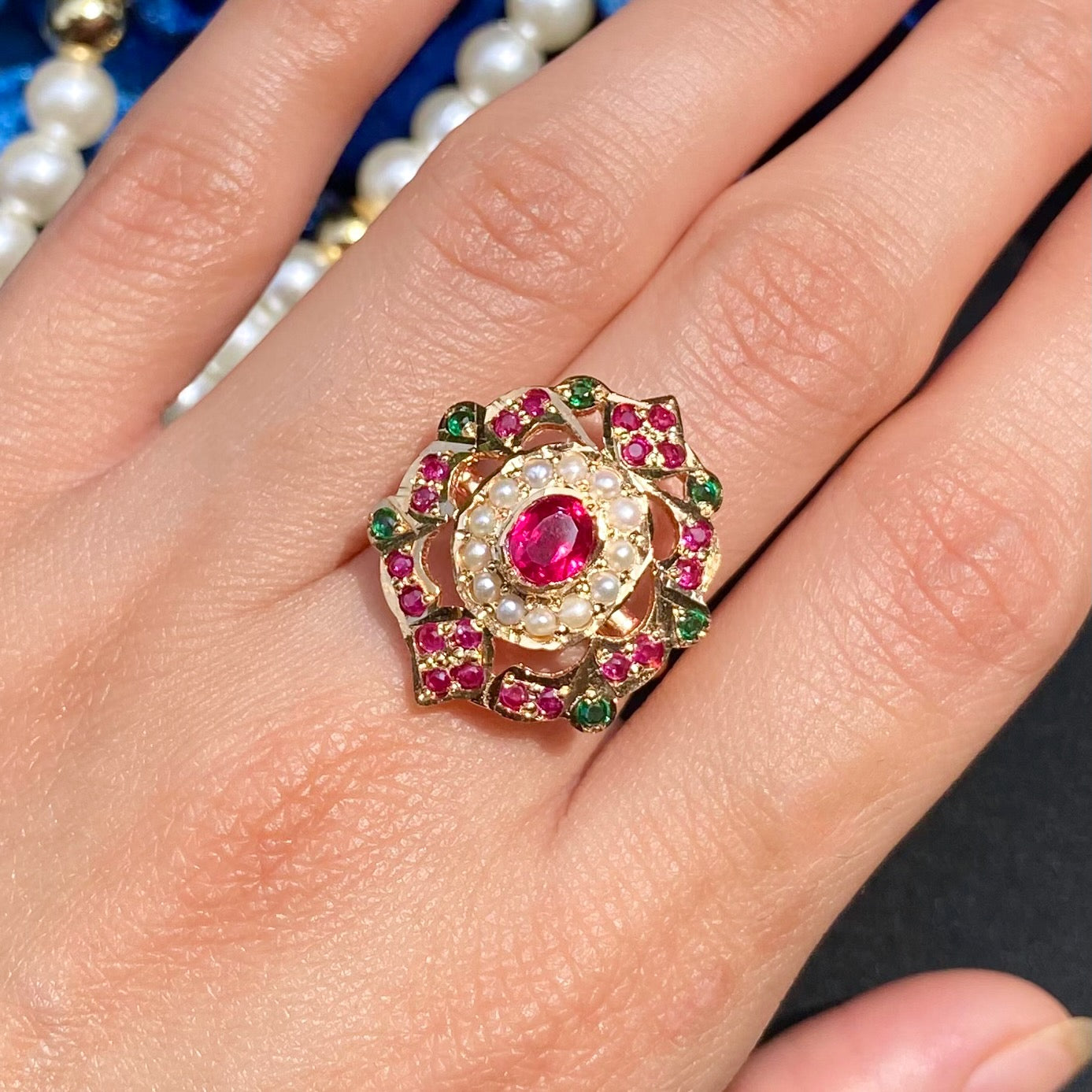 ruby emerald pearl jadau ring