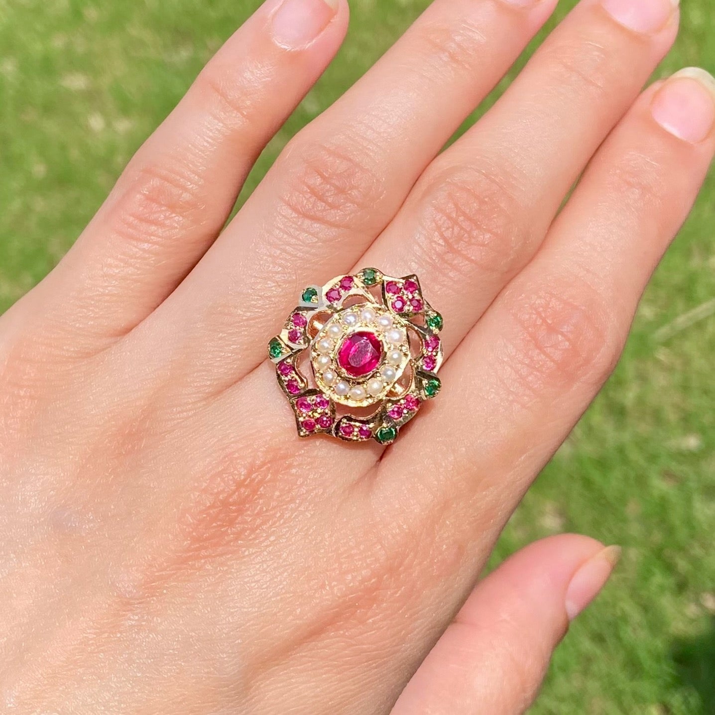 ruby emerald pearl jadau ring