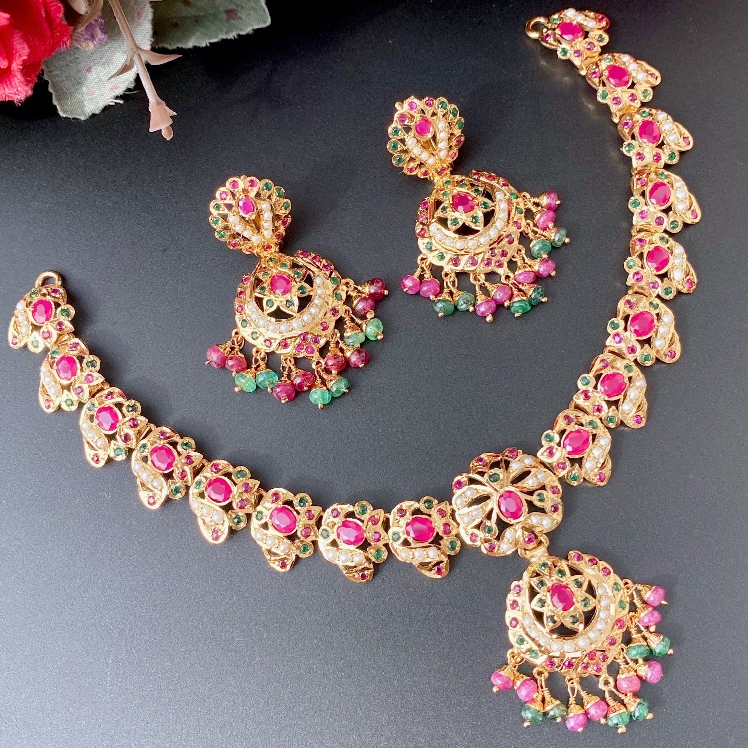 short indian necklace ruby emerald
