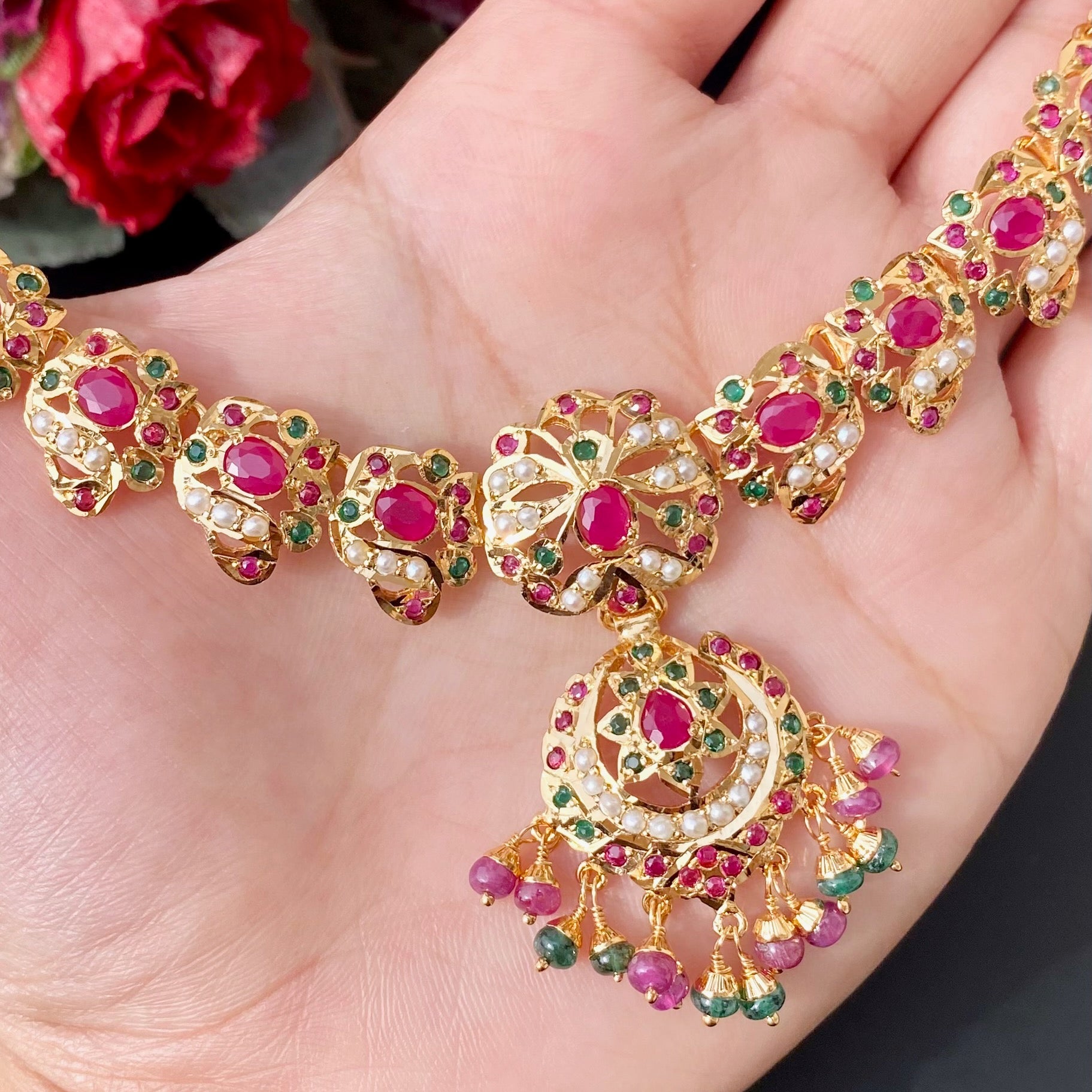 short indian necklace ruby emerald