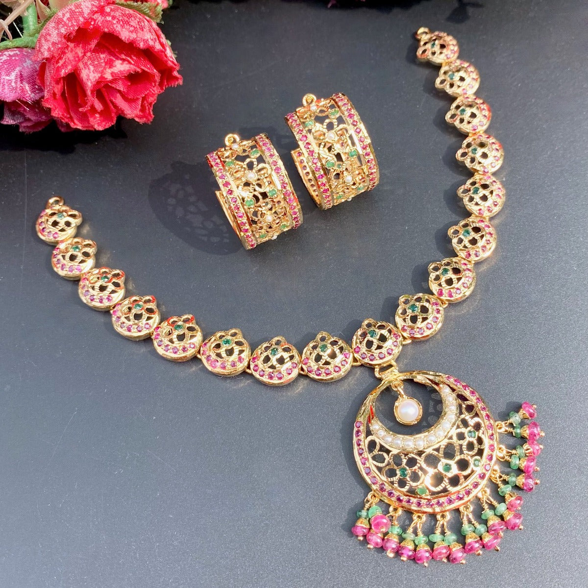 ruby emerald studded indian necklace set