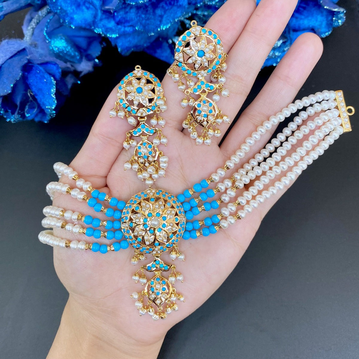 Party Wear Gold Necklace with pearls and feroza Set for women