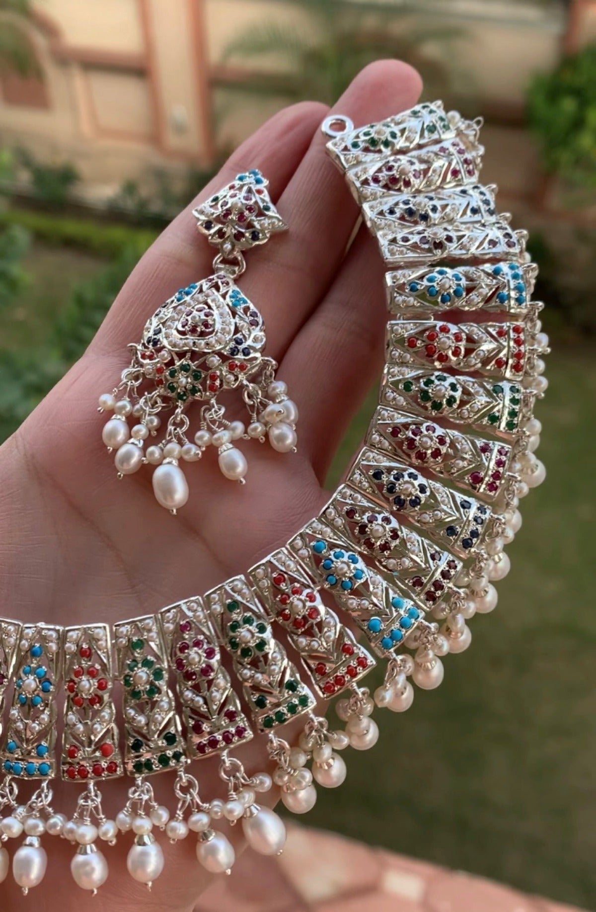 navrattan necklace set in silver finish