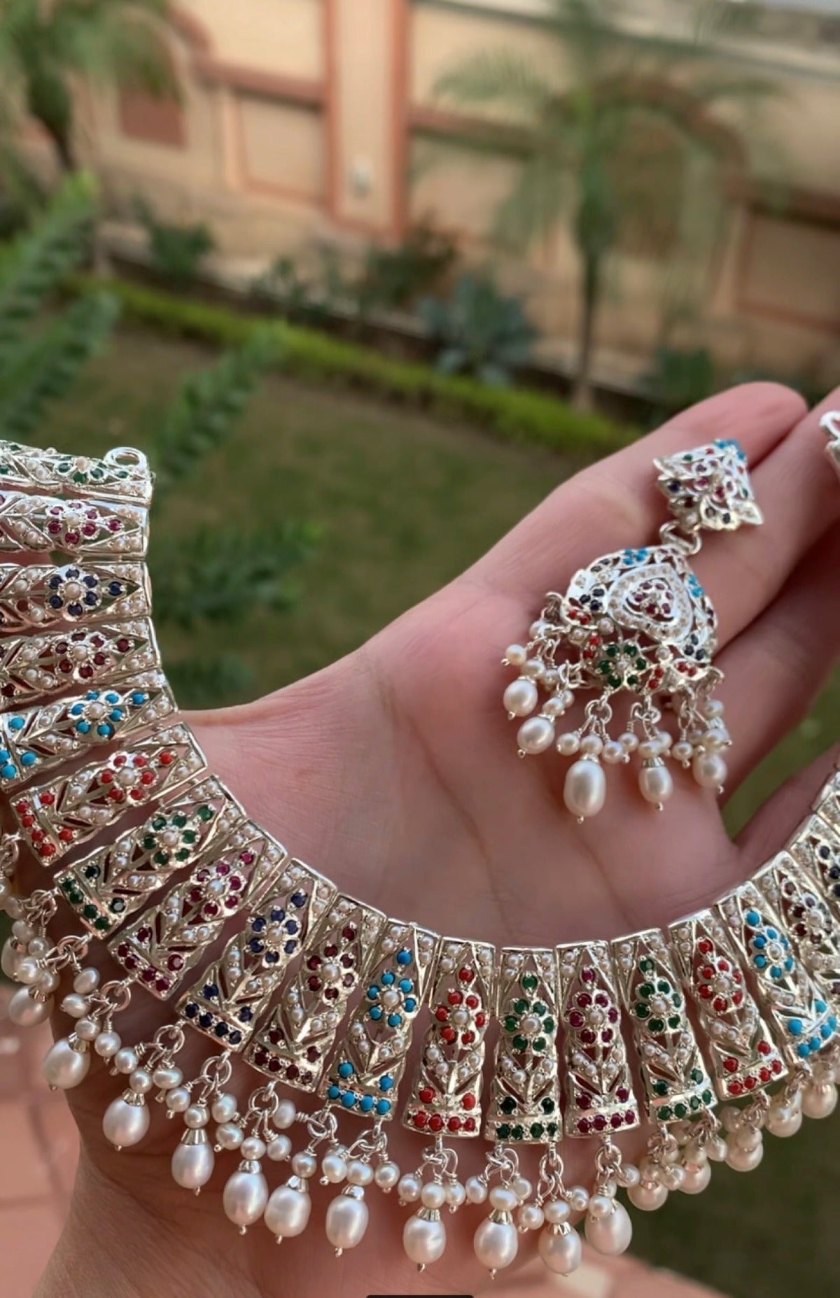 navrattan necklace set in silver finish