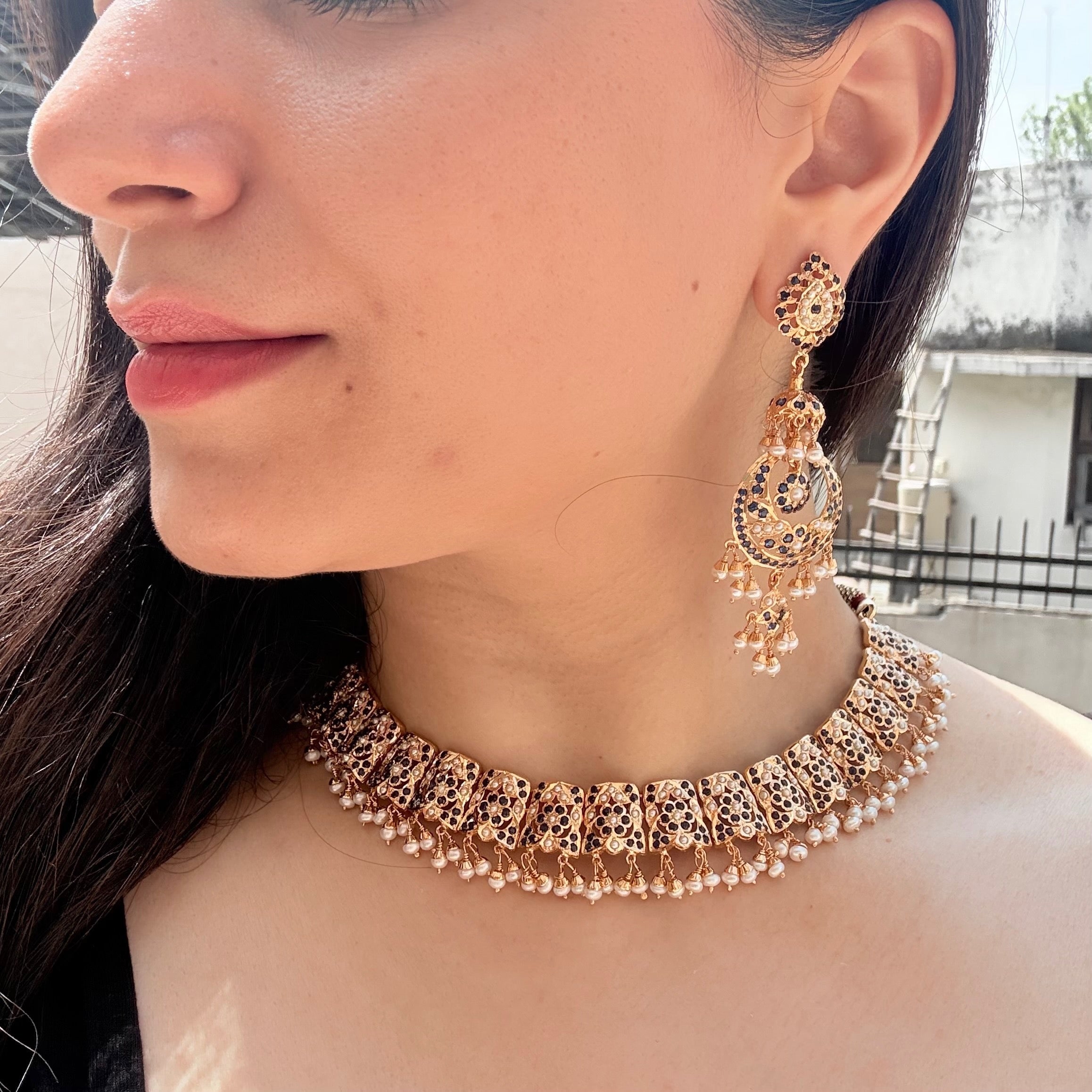 Classic Jadau Necklace Set in Gold-Plated silver | Deep Blue Stones and Fine Pearl Detailing NS 459