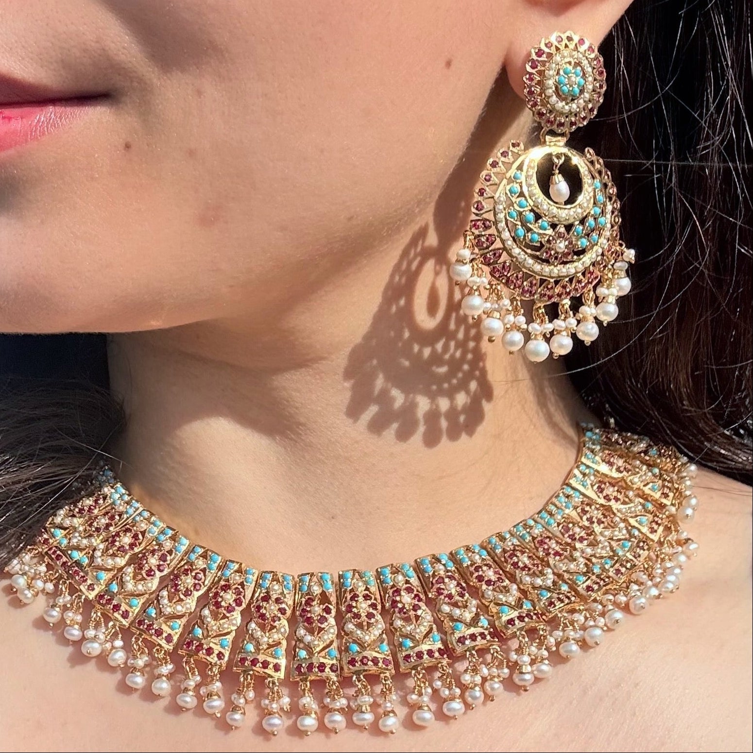 Turquoise Ruby-Red Pearl Jadau Choker Set with Chandbali Earrings | Gold Plated Silver NS 458