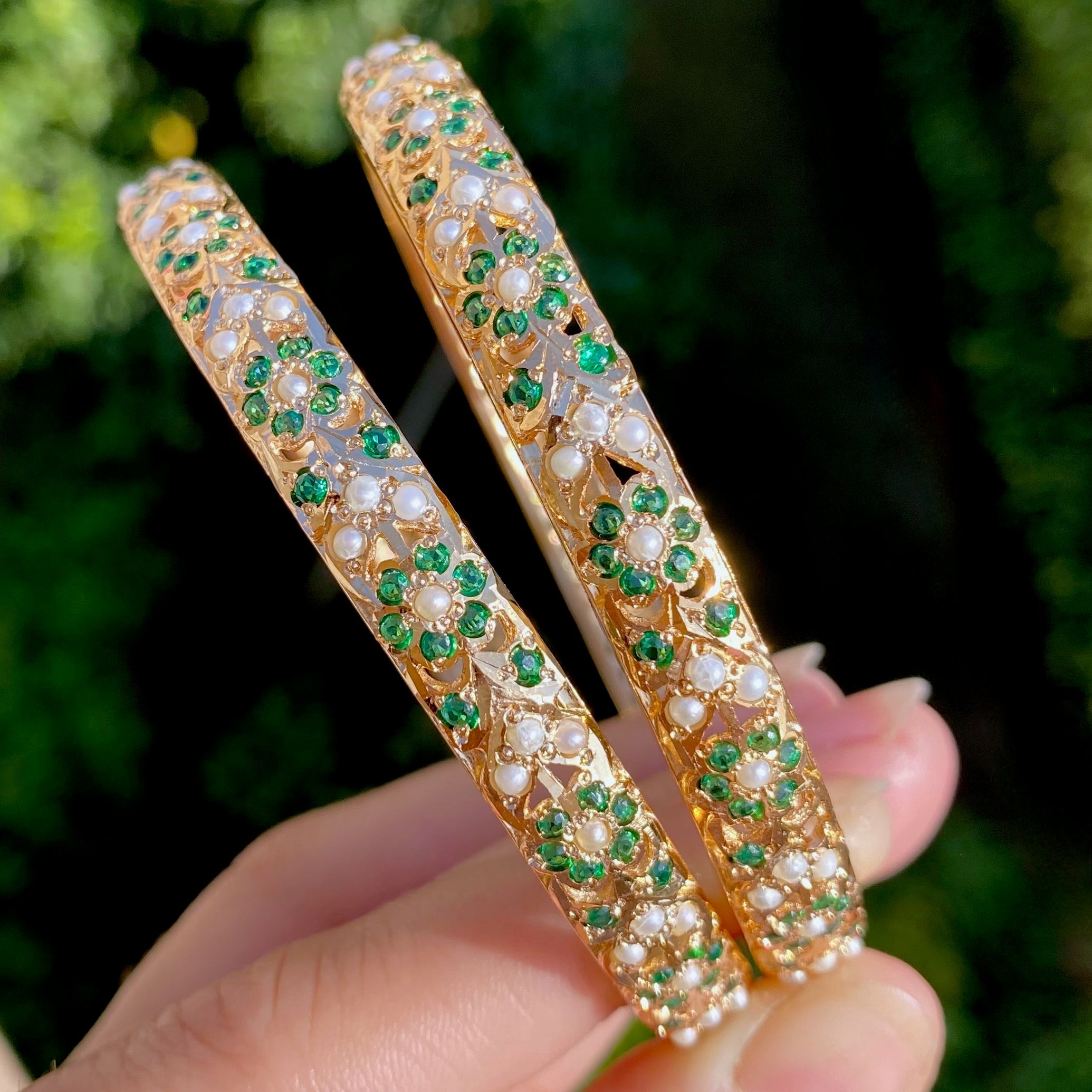 Classic Emerald Pearl Jadau Bangles | Gold Plated Silver Bangles BG 167