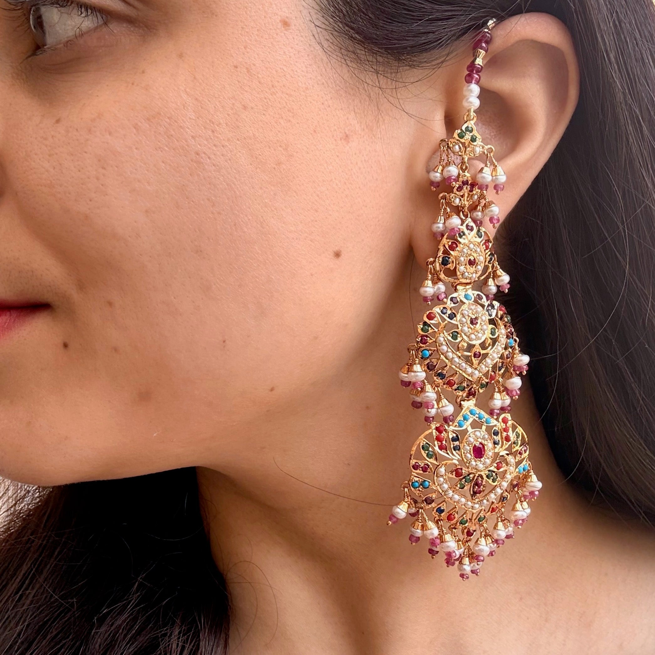 Grand Punjabi Jadau Navratna Earrings | Gold Plated on Silver ER 717