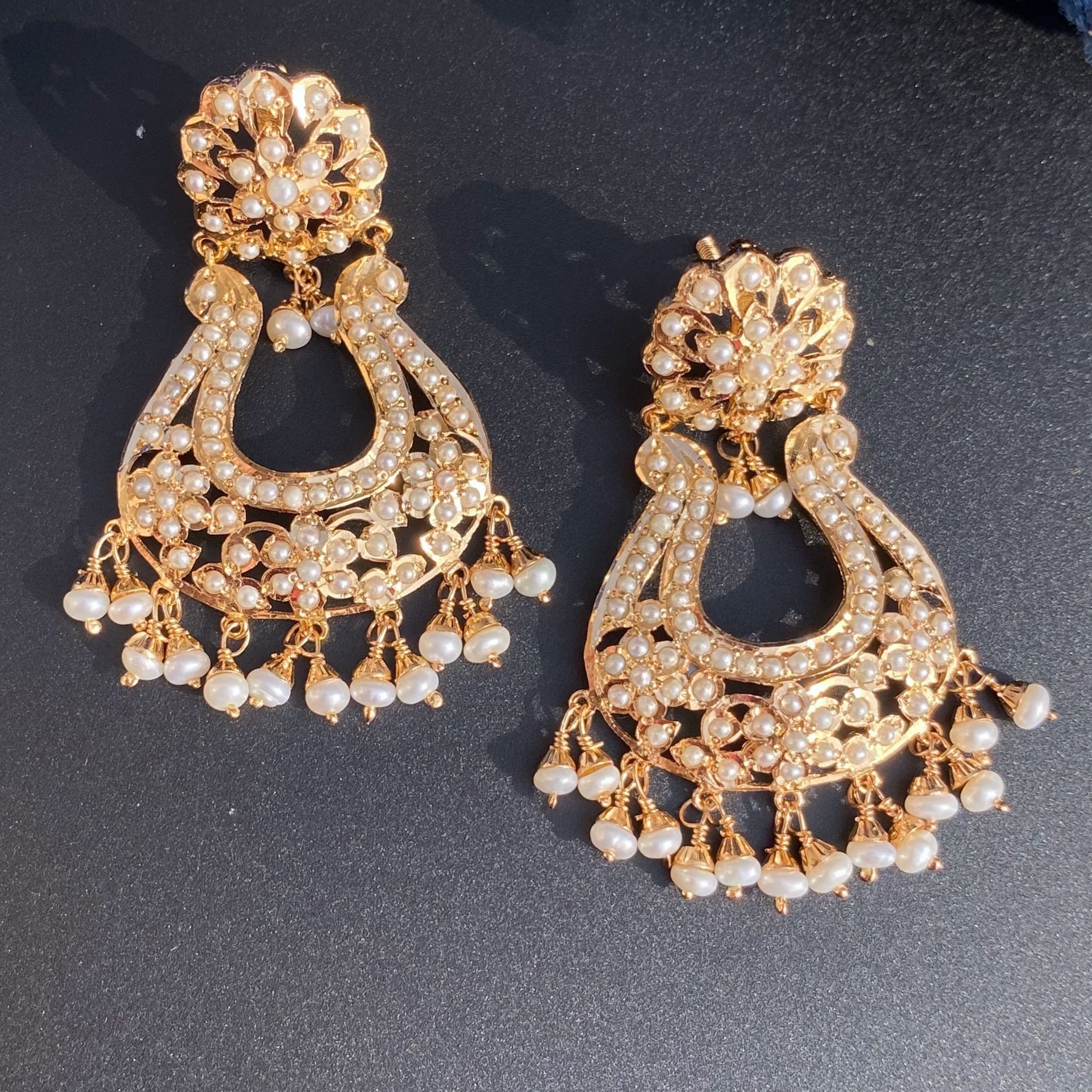 Fine Jadau Pearl Chandbali Earrings | Gold Plated on 925 Silver | Real Freshwater Pearls ER 640