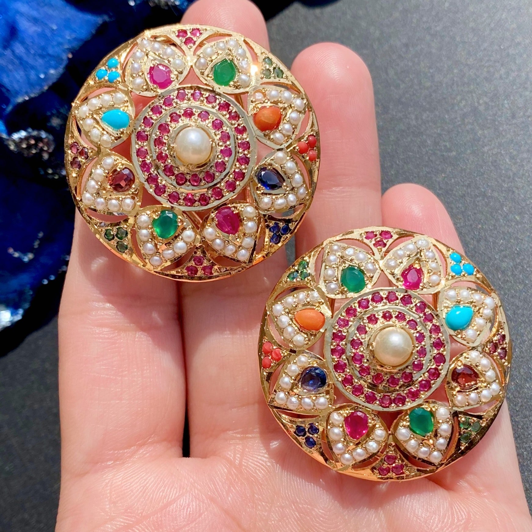 Statement Navratna Stud Earrings | Gold Plated on 925 Silver ER 650