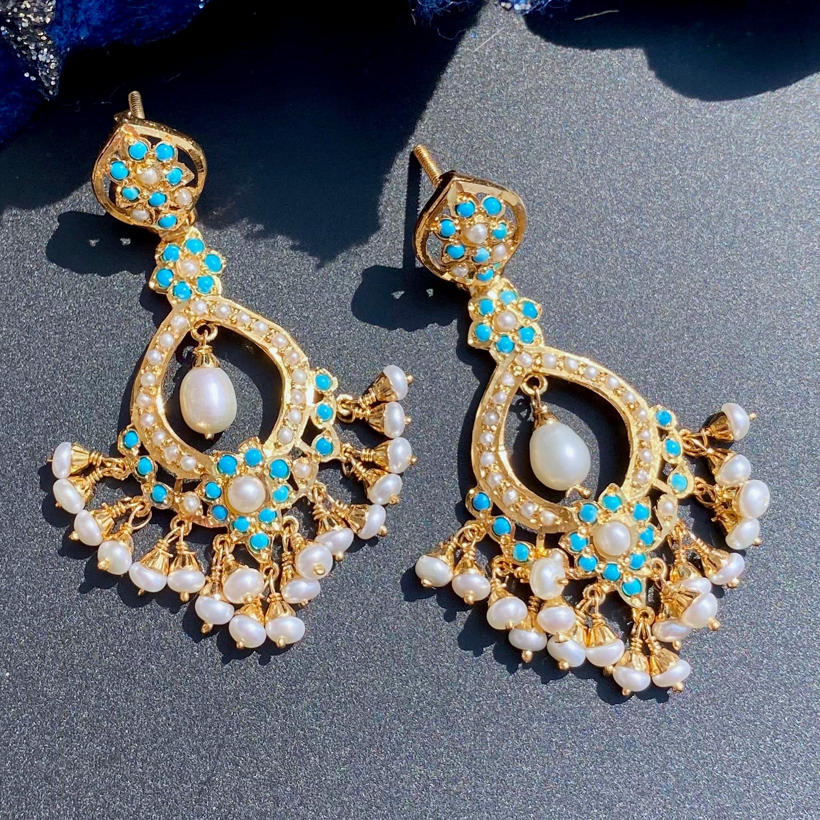 Elegant Pearl and Turquoise Danglers | Gold Plated on 925 Silver ER 646