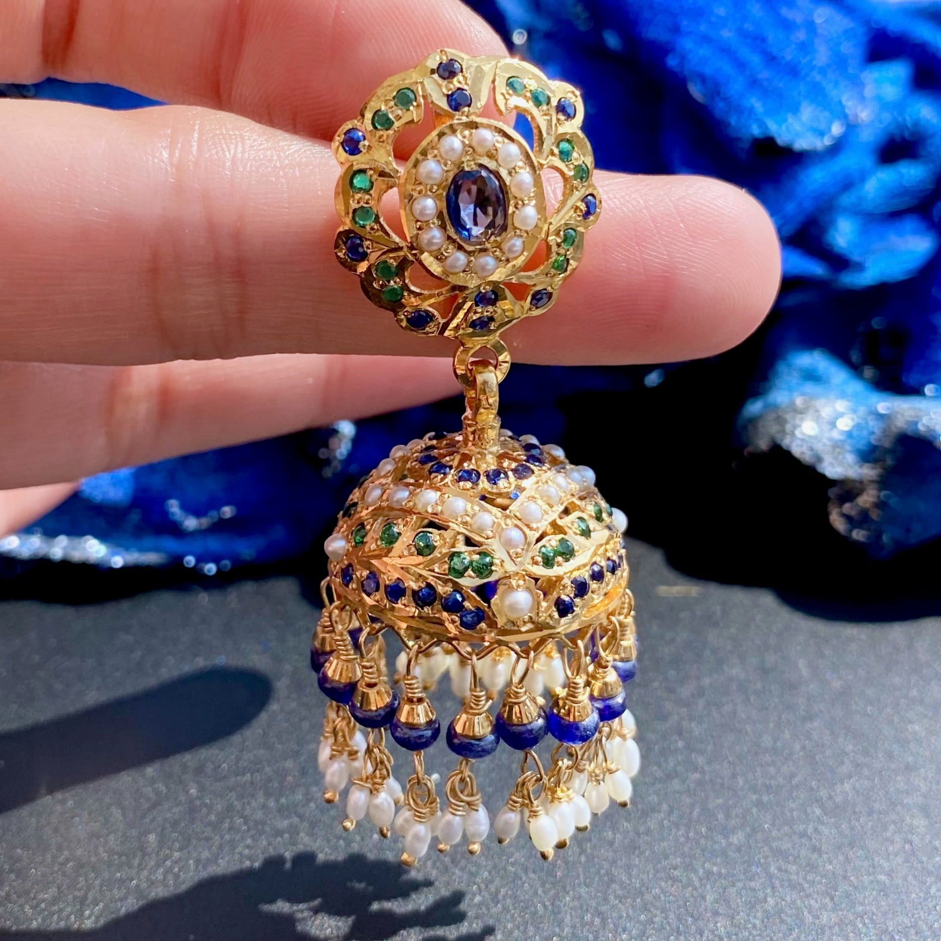 Fancy Jadau Jhumka Earrings | Royal Blue and Green Color Combination | Gold Plated on Silver ER 649