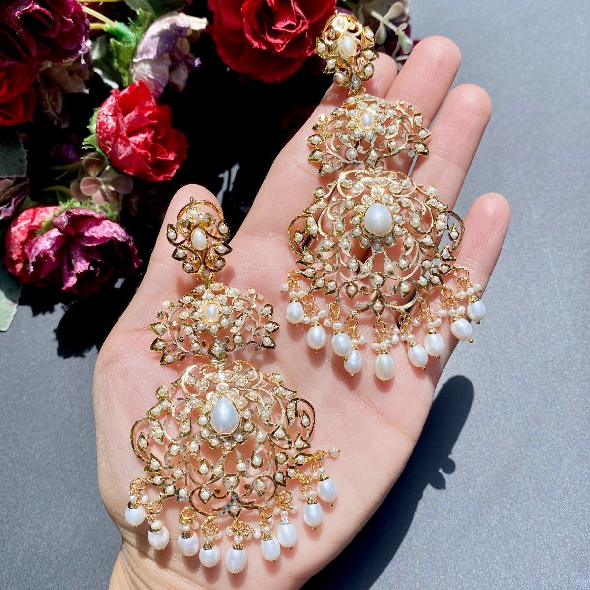 Exquisite Long Gold Plated Seed Pearl Earrings ER 277