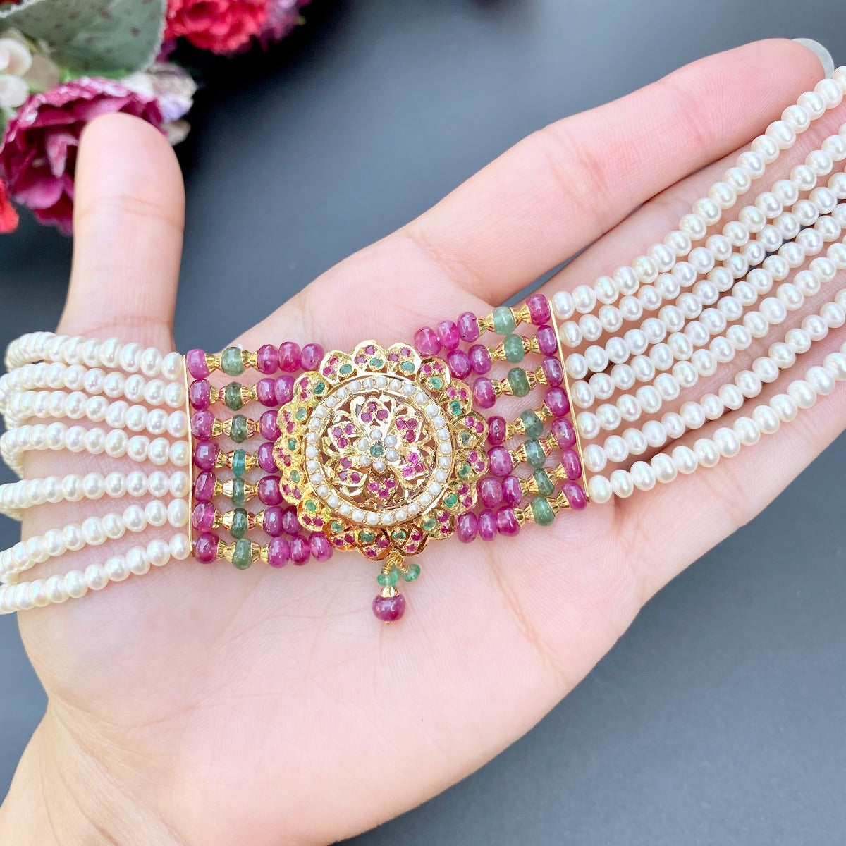 jadau choker with real stones on gold