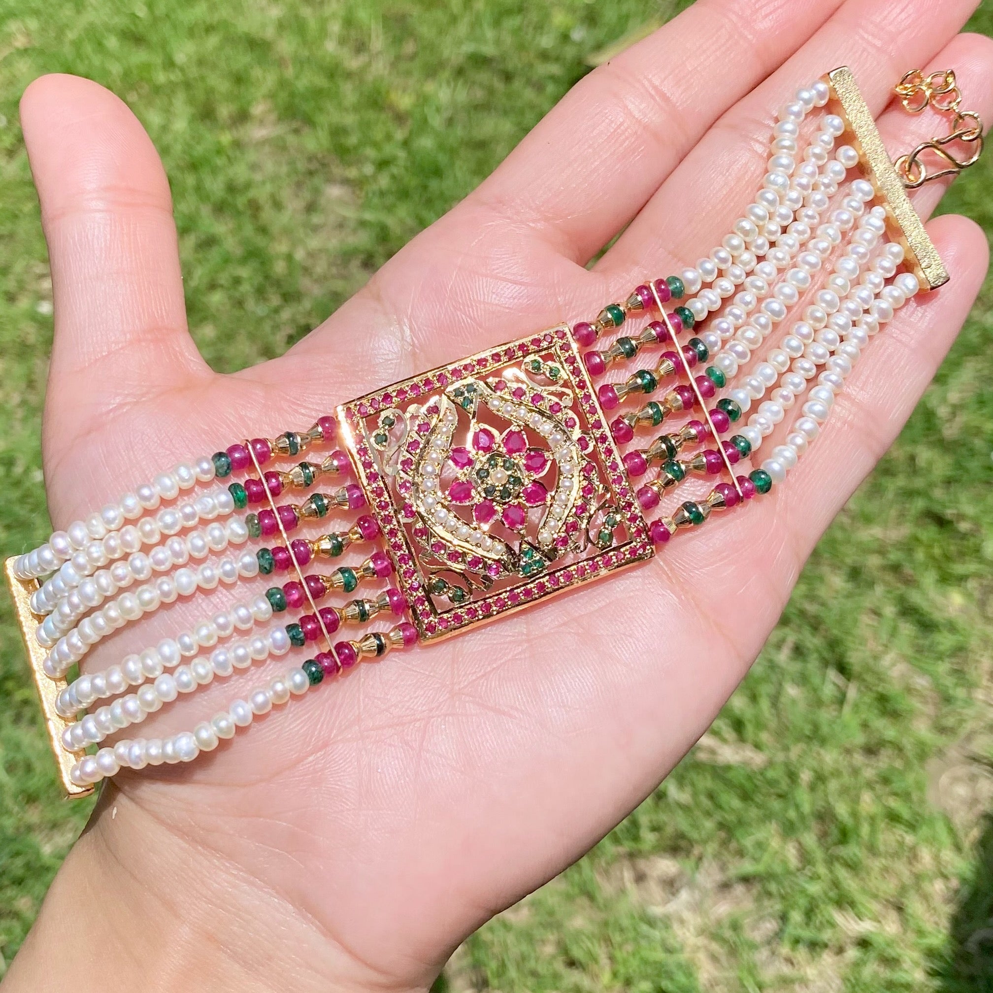 Exquisite Jadau Dast in Red-Green Color Combination | Gold Plated on 925 Silver Base BG 171