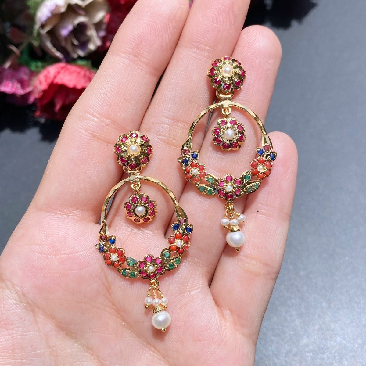 small punjabi navratan jadau earrings chandbali