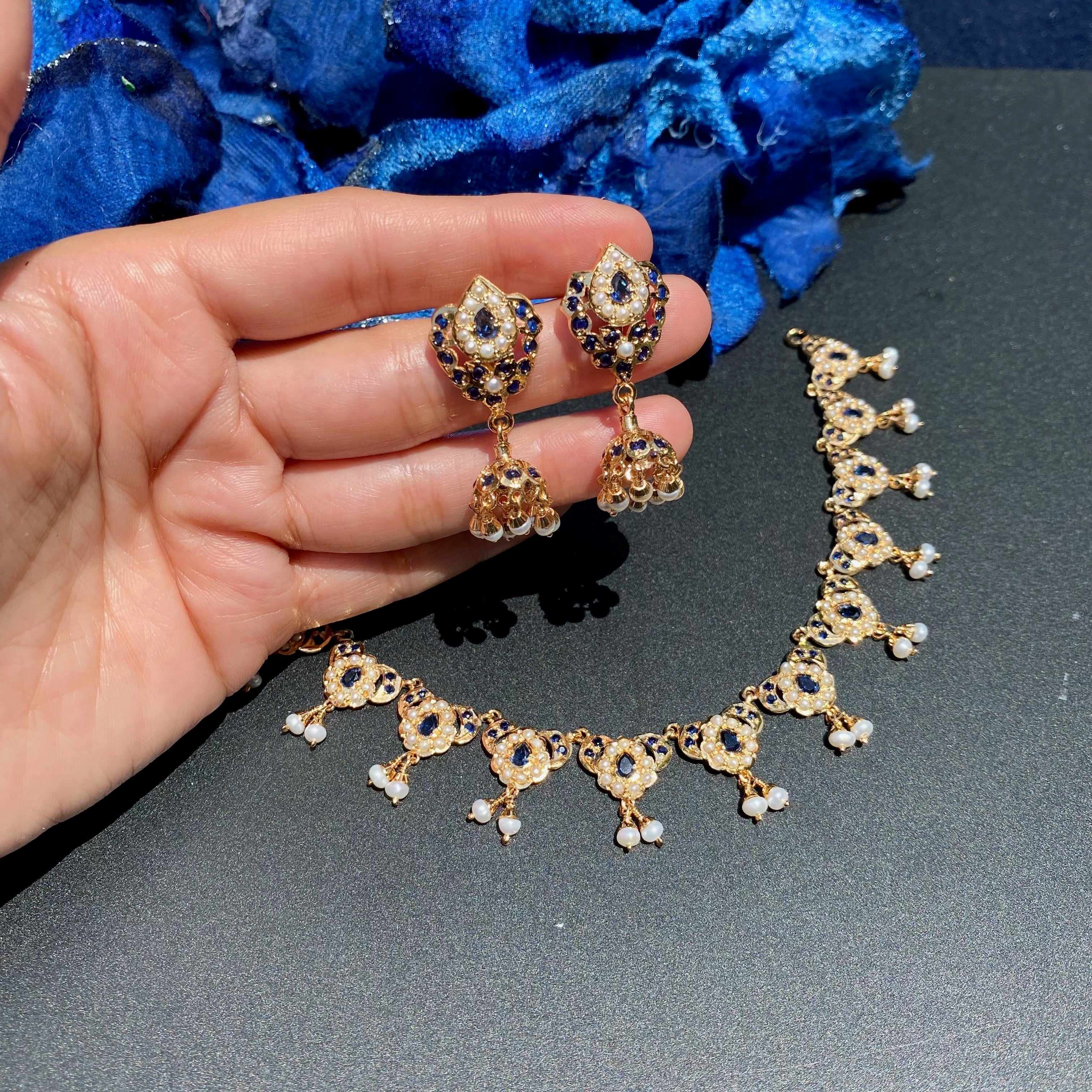 Blue Stone Pearl Jadau Necklace Set with Jhumka Earrings | Gold Plated 925 Silver NS 456