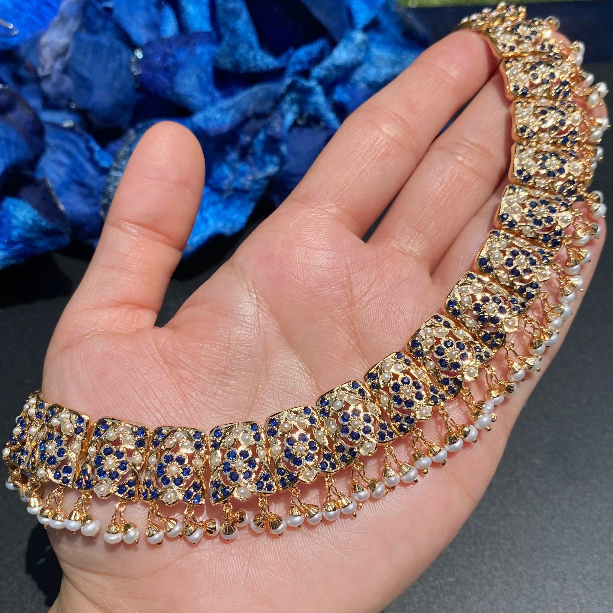 Classic Jadau Necklace Set in Gold-Plated silver | Deep Blue Stones and Fine Pearl Detailing NS 459