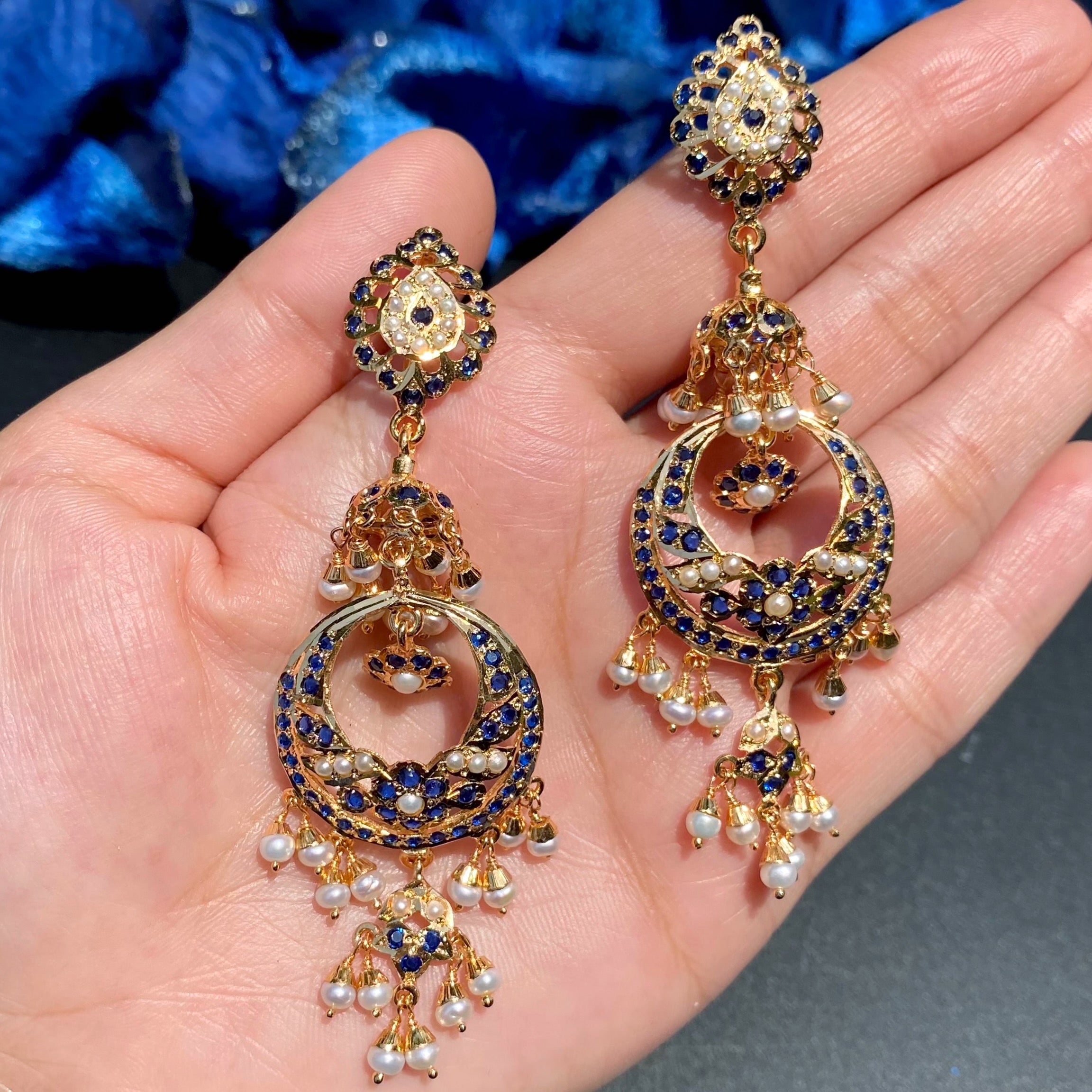 Classic Jadau Necklace Set in Gold-Plated silver | Deep Blue Stones and Fine Pearl Detailing NS 459