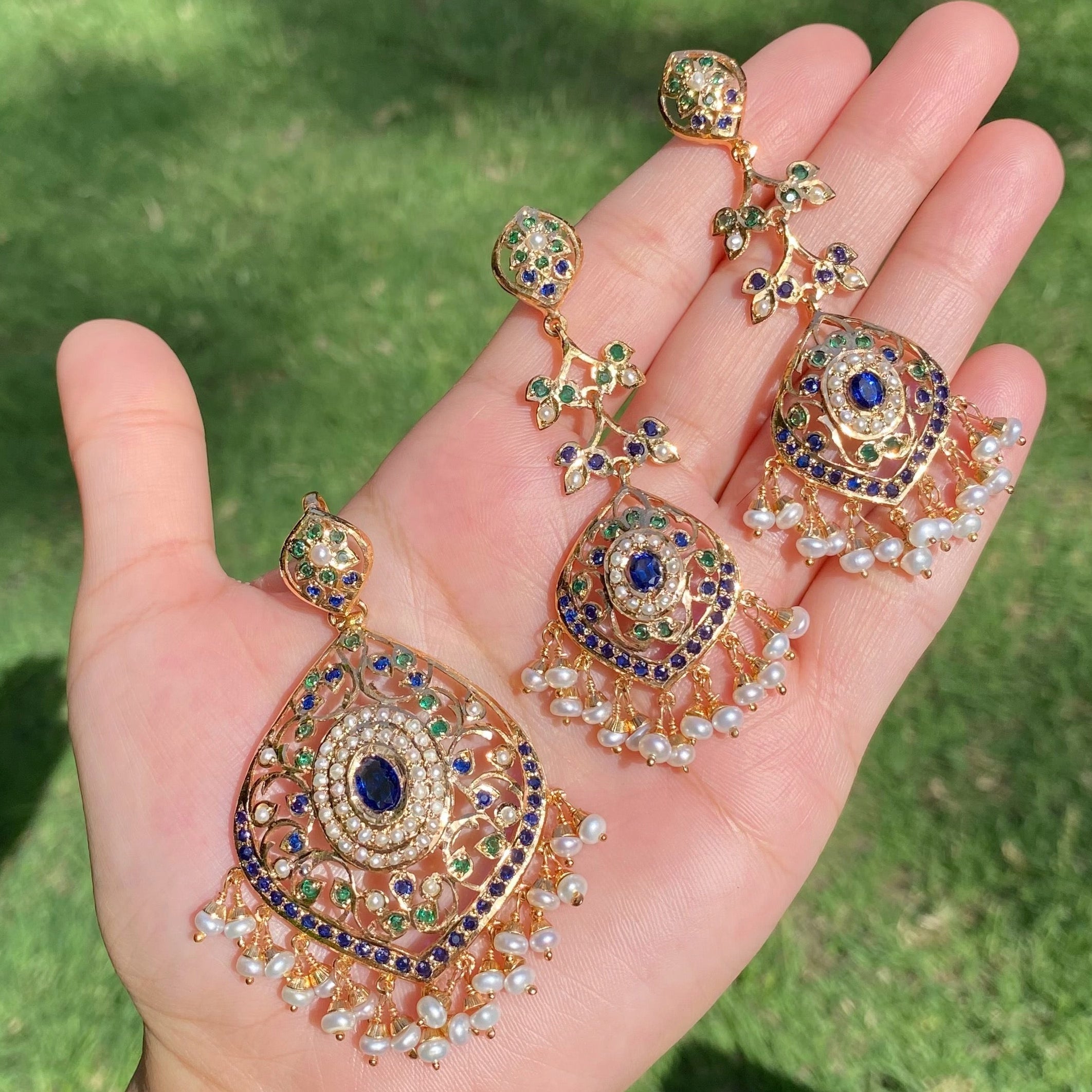 Blue Green Colors Jadau Pendant with Long Earrings | Gold Plated on Silver PS 141
