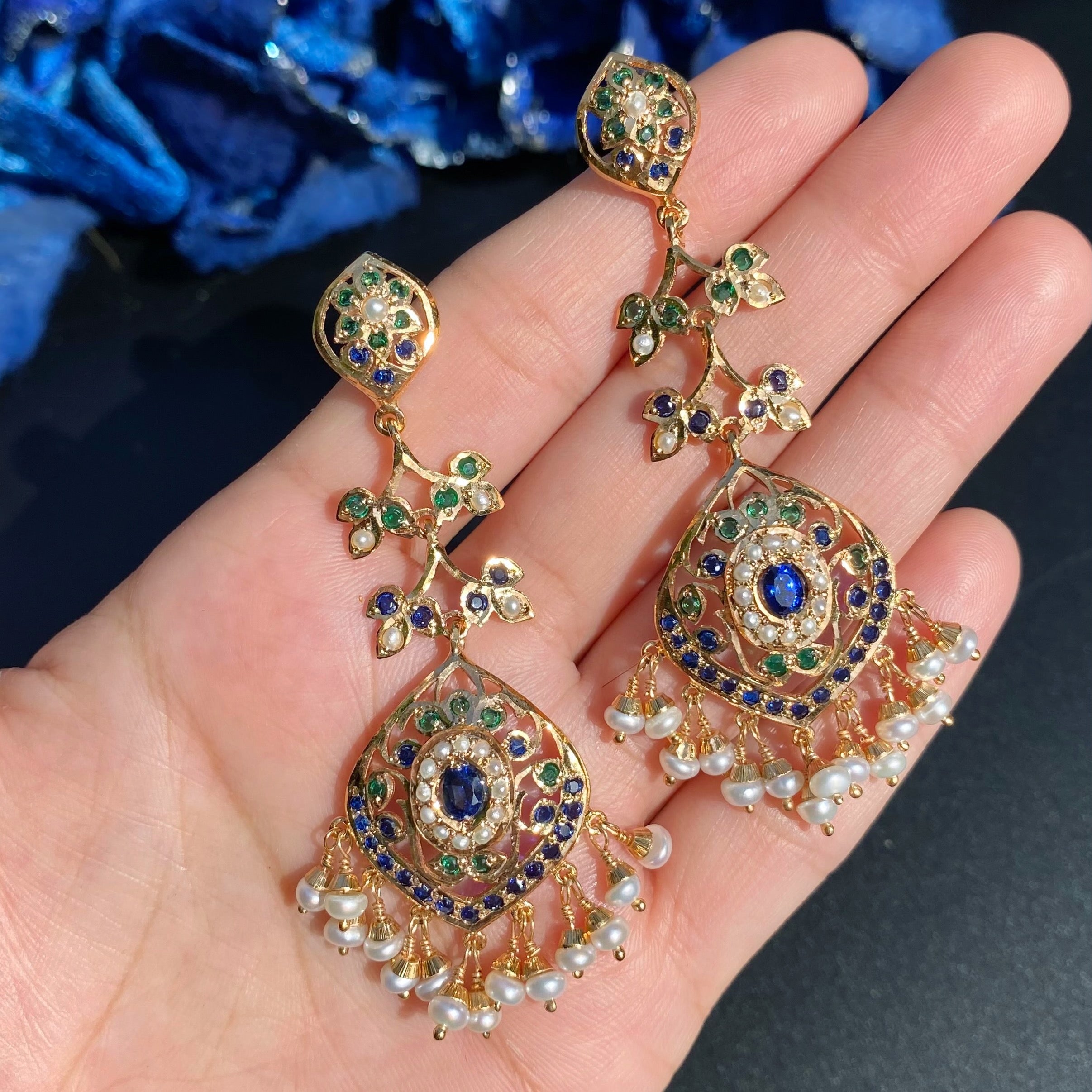 Blue Green Colors Jadau Pendant with Long Earrings | Gold Plated on Silver PS 141