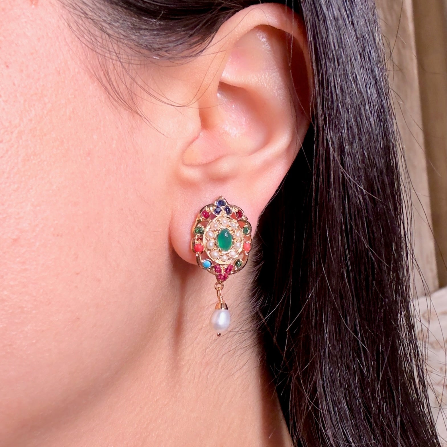 Navaratna Tops For Women | Gold Plated on Silver | Jadau Earrings ER 499